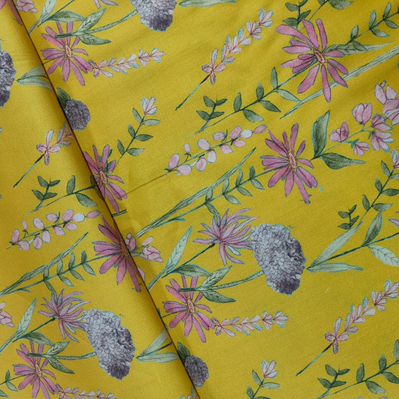 Yellow Floral Print Cotton Satin 17555