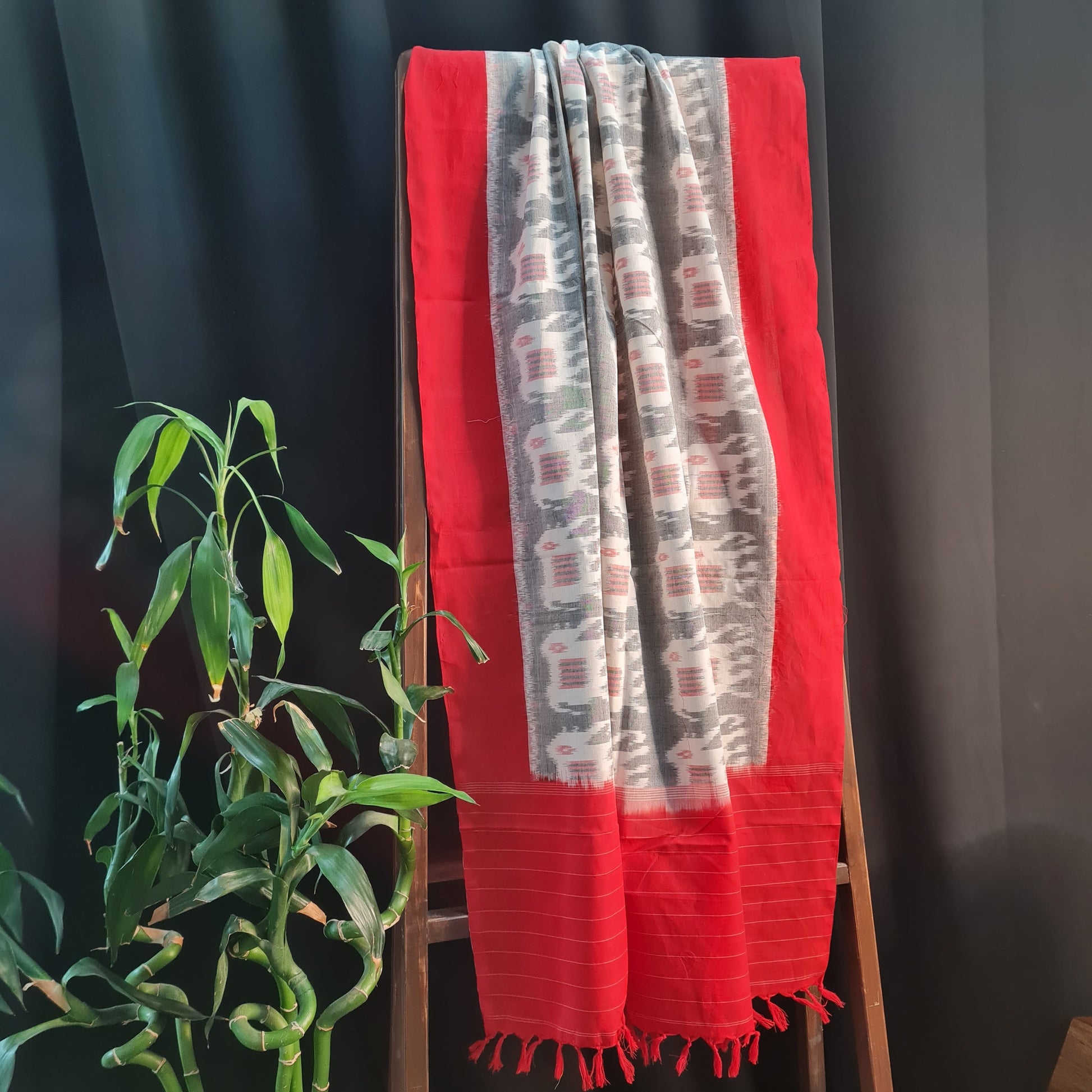 Premium Off White and Red IKKAT Prints Dupatta Cotton Fabric