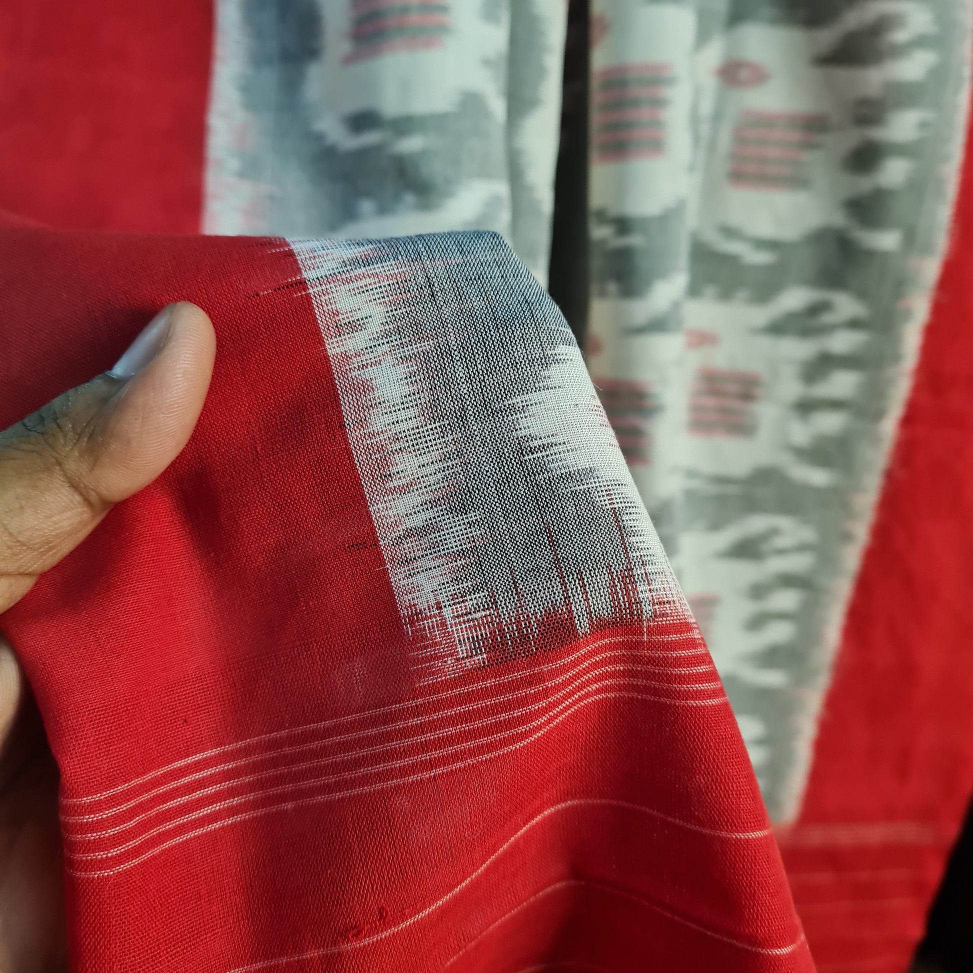 Premium Off White and Red IKKAT Prints Dupatta Cotton Fabric