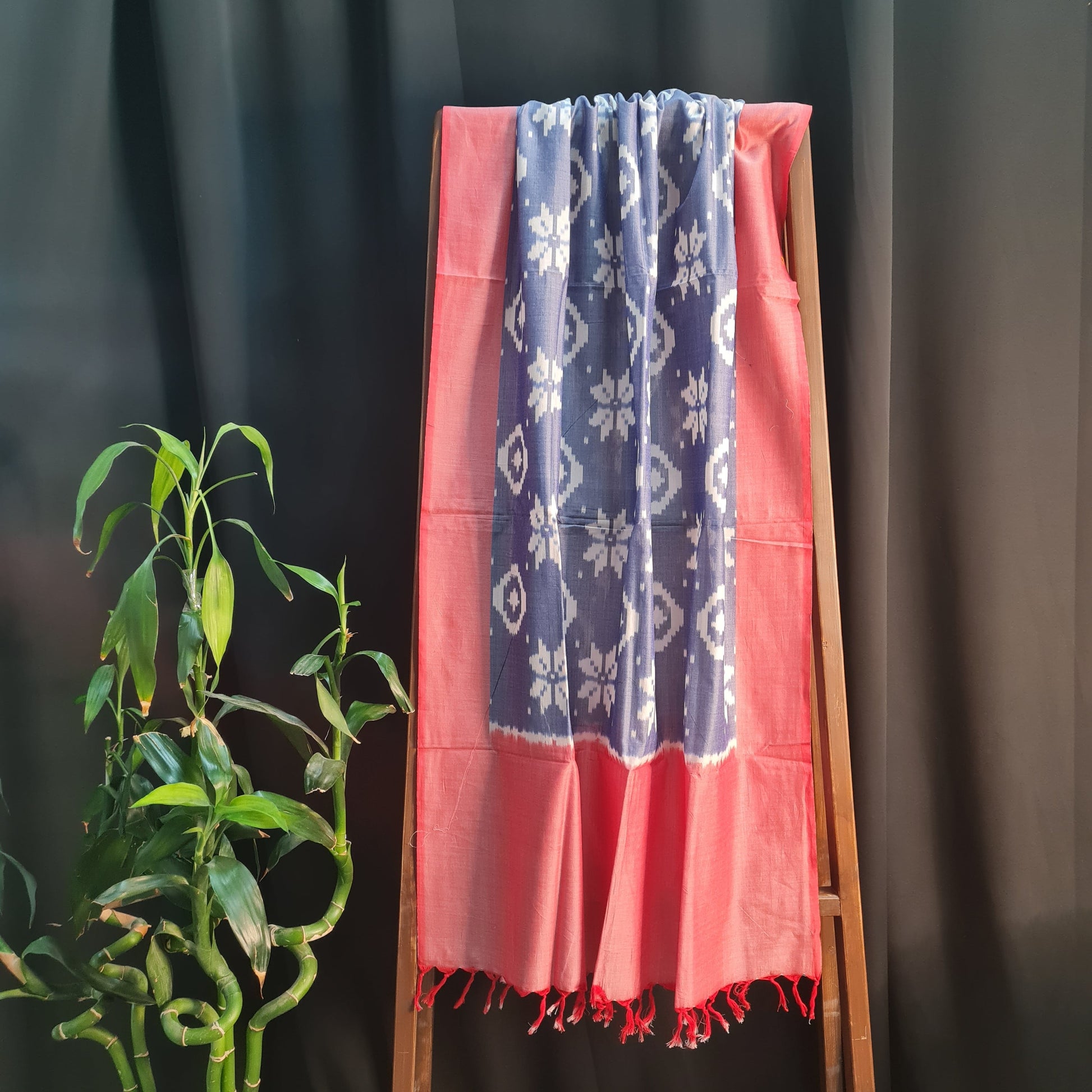 Premium  Blue and Red Mercerized IKKAT Prints Dupatta Cotton Fabric