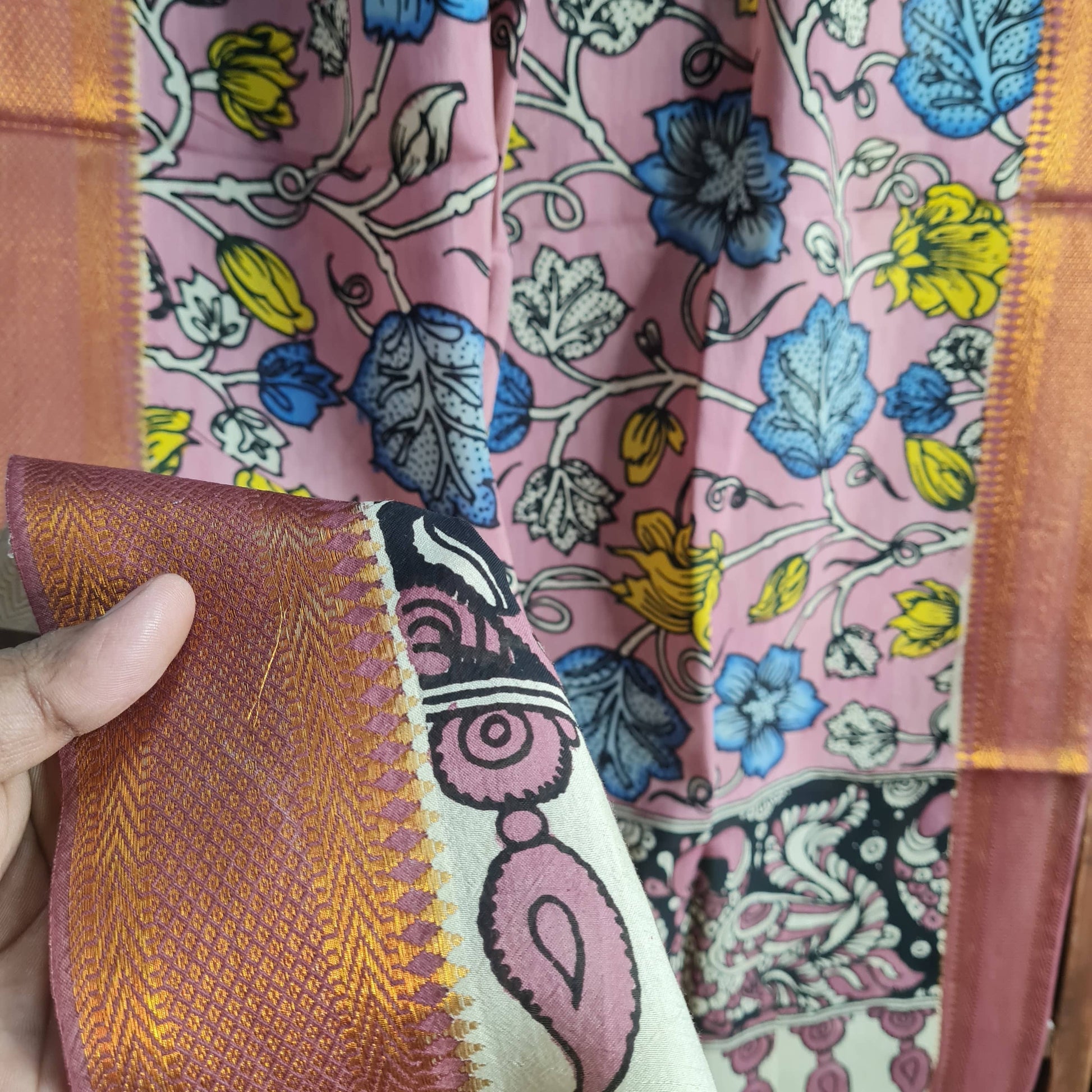 Premium Blue and Yellow Rkalamkari Prints Pen Rkalamkari Dupatta Fabric