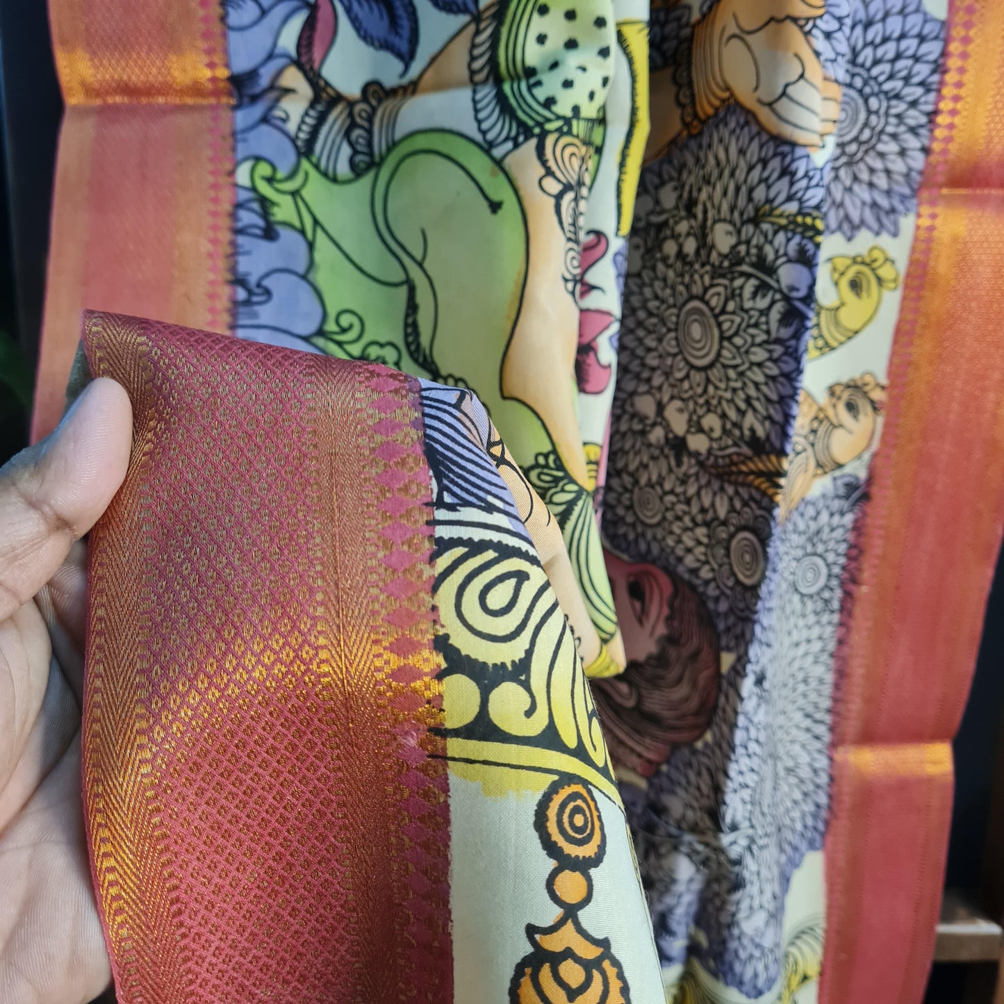 Premium Orange Light Green Kalmkari Prints Pen Kalamkari Dupatta Fabric