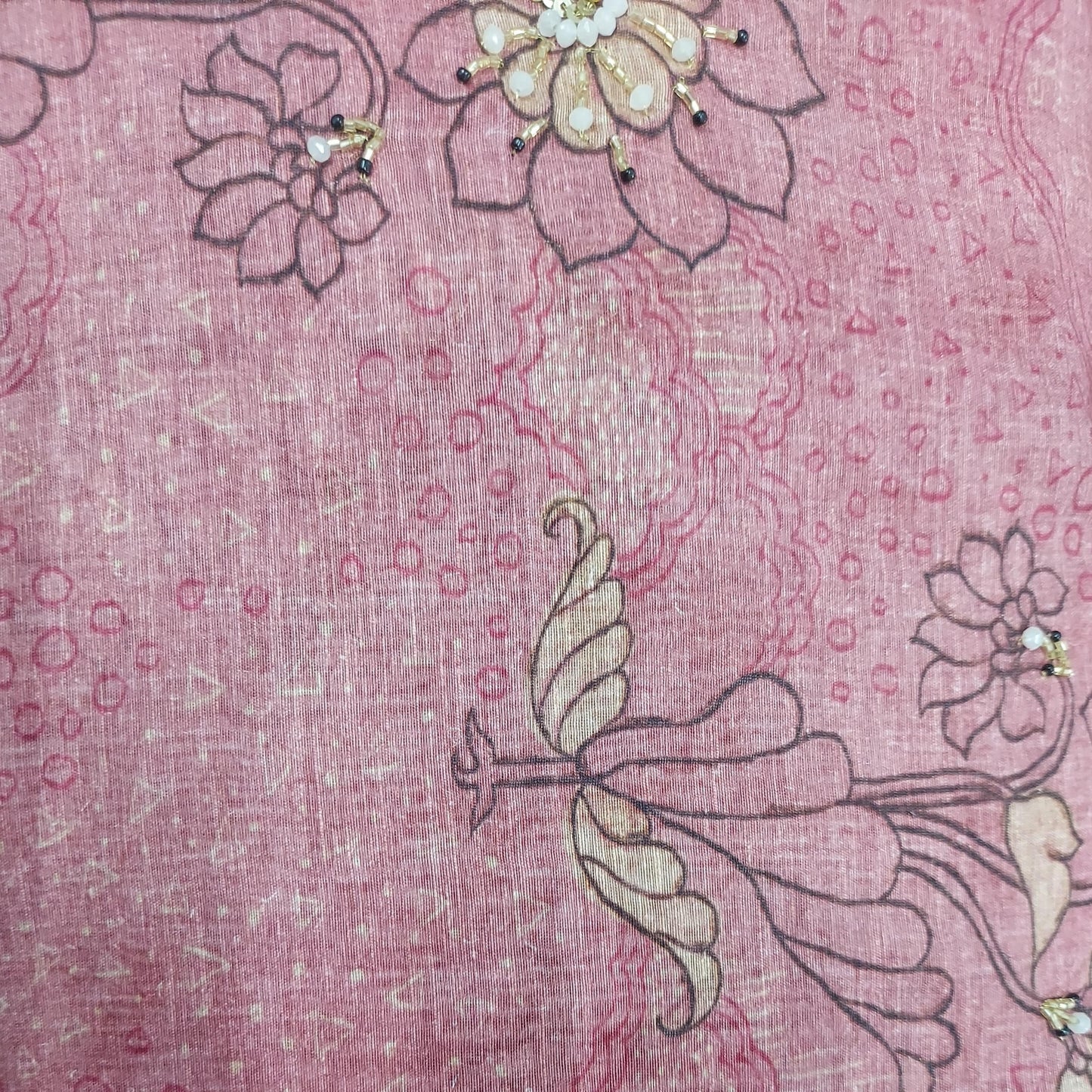 Premium Pink Embroidery Floral Print Linen Organza Fabric