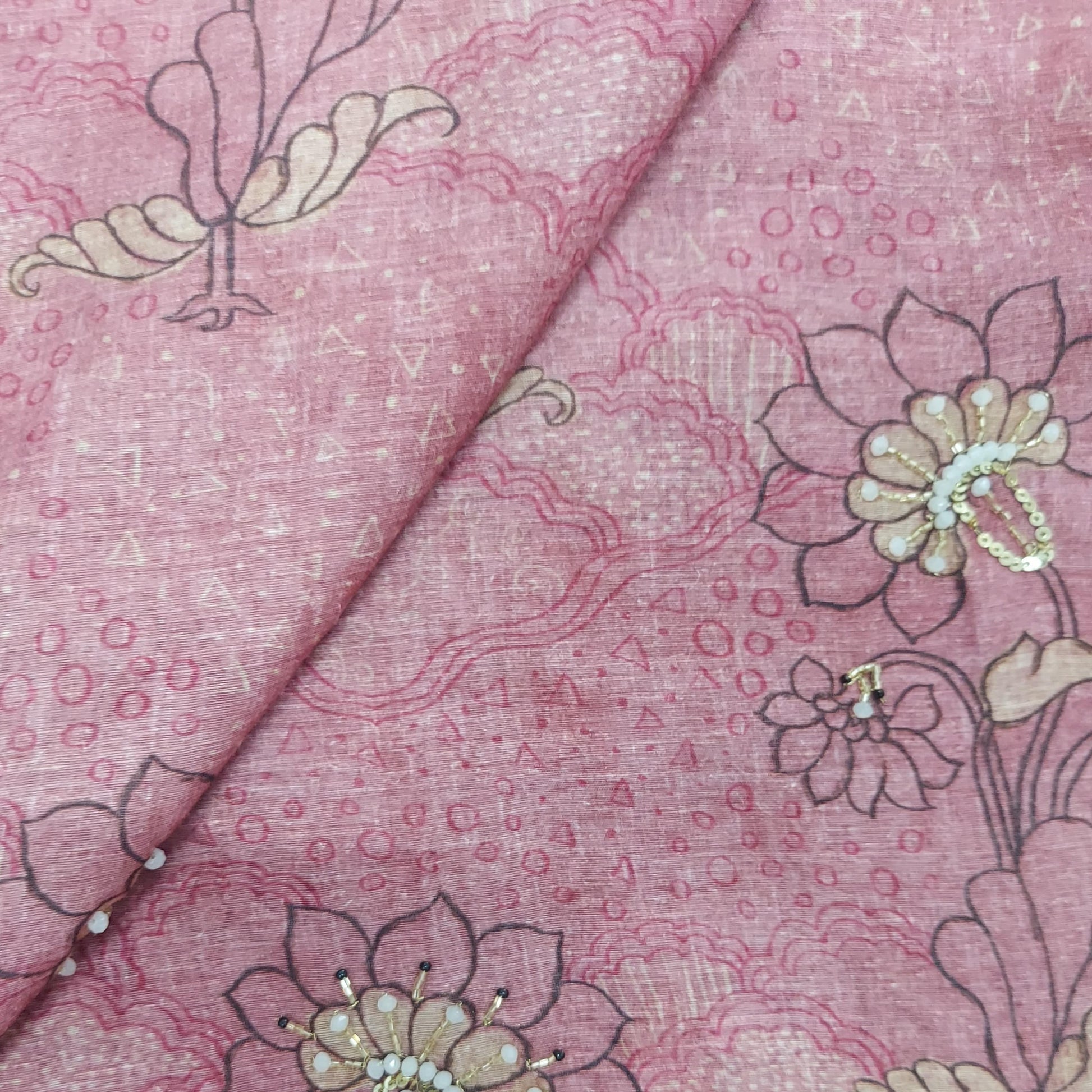 Premium Pink Embroidery Floral Print Linen Organza Fabric