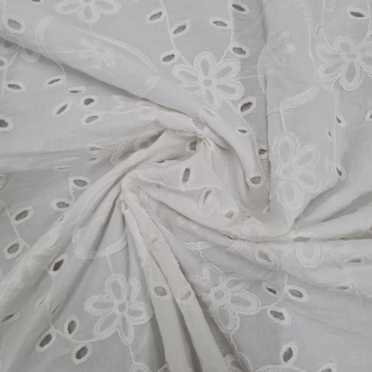 Premium White Abstract Floral Print Cotton Schiffli Dyeable Fabric