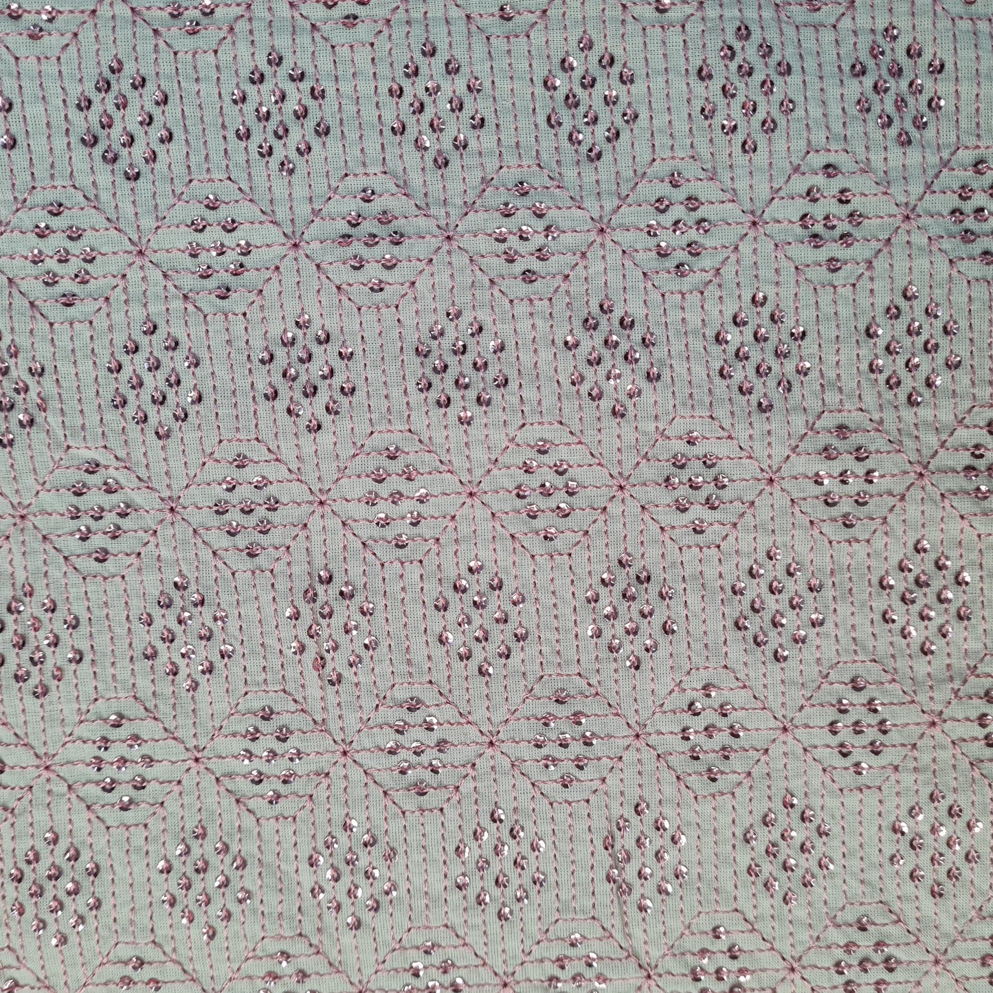 Off White and Pink Sequins Embroidery Cotton Fabric 17873