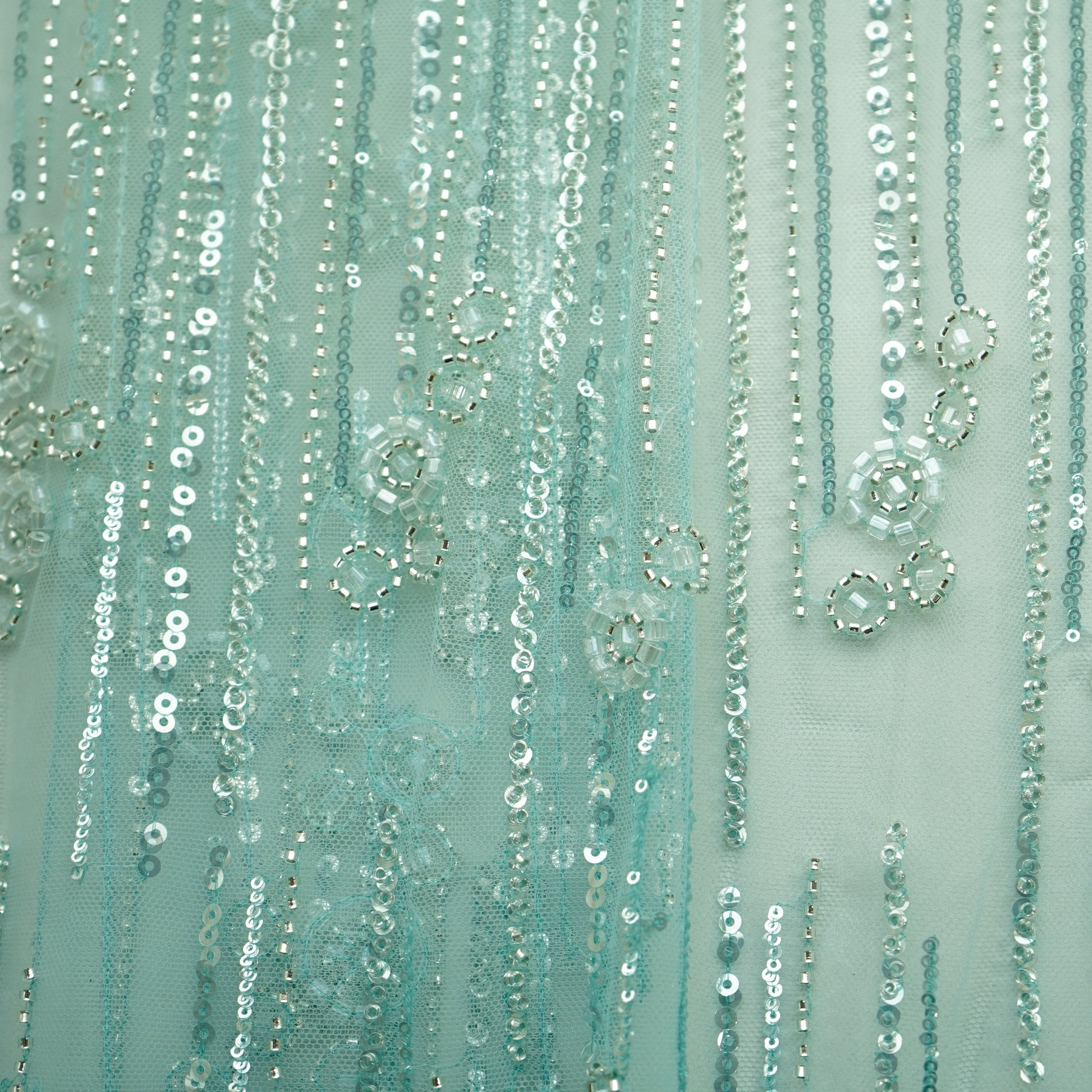 Sea Green Cutdana Sequins Embroidery Net Fabric