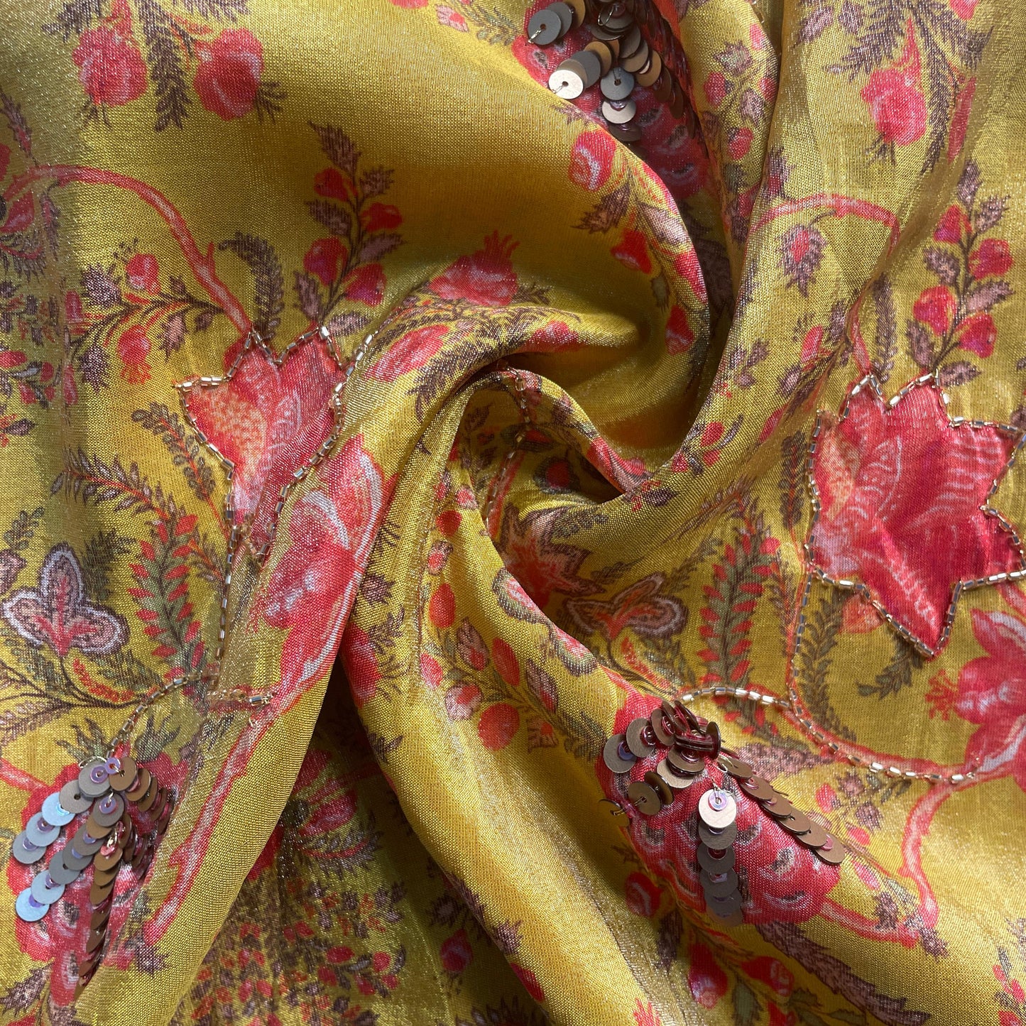 Yellow Floral Cutdana Sequiens Embroidery Tissue Fabric 17989