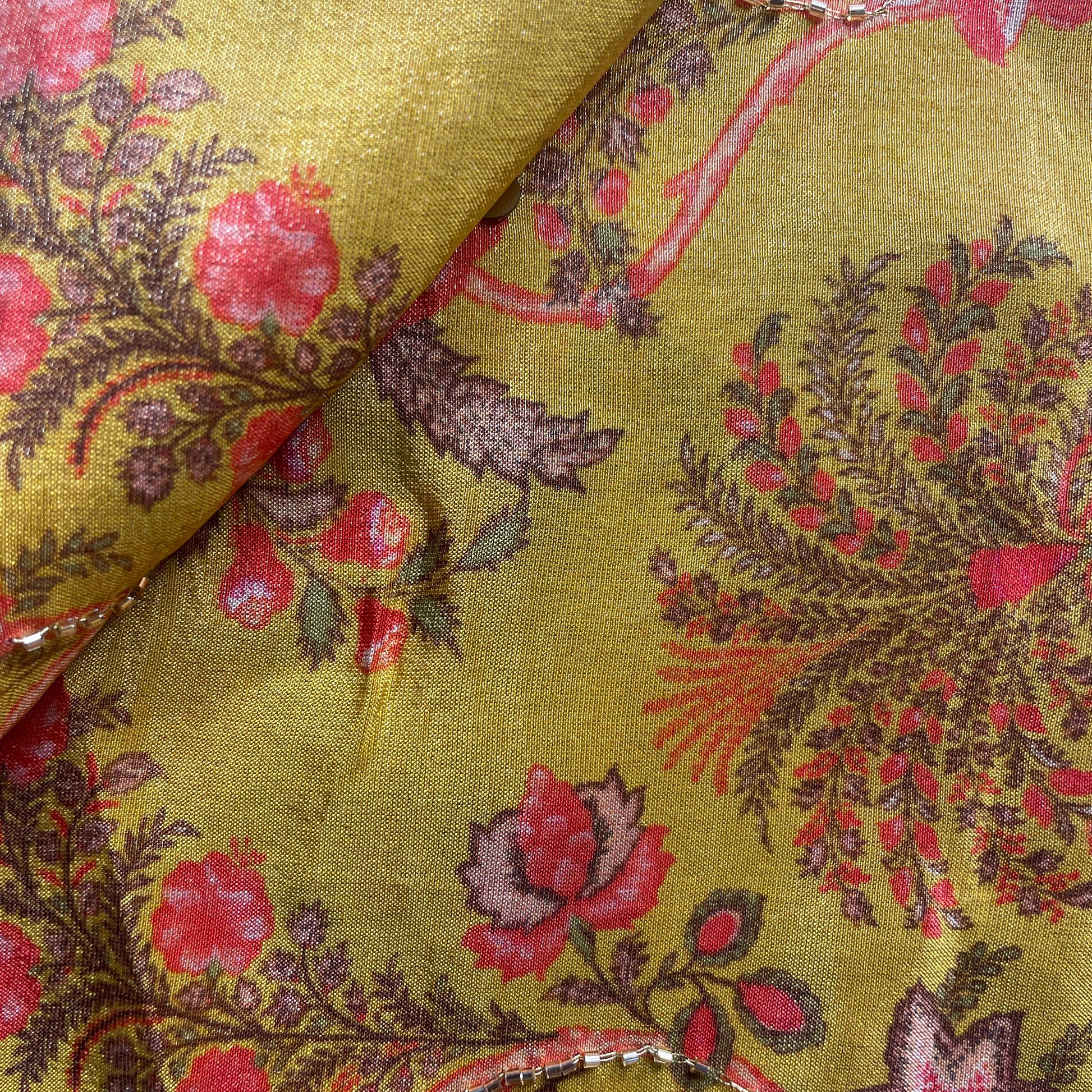 Yellow Floral Cutdana Sequiens Embroidery Tissue Fabric 17989