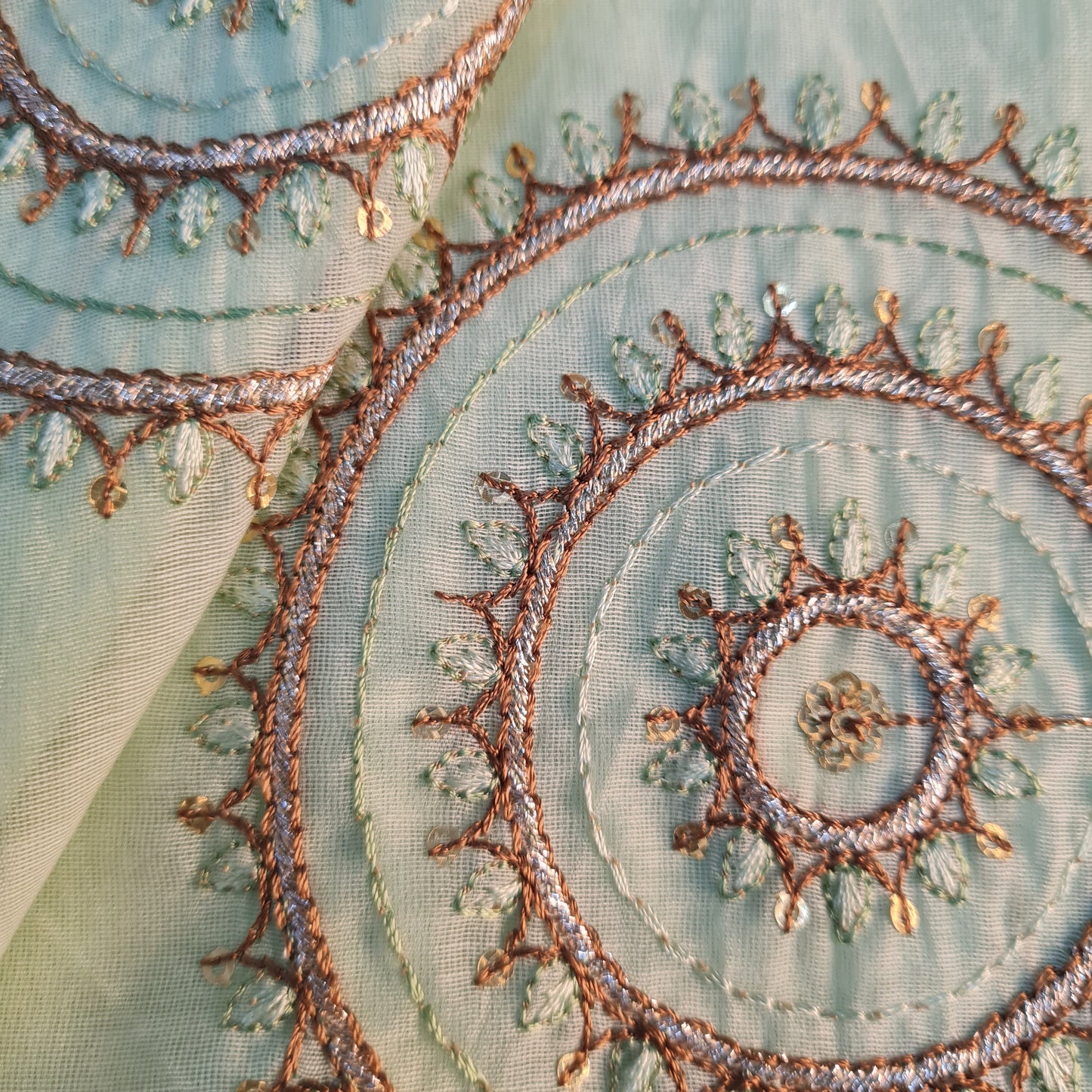 Sage Green Thread Embroidery Zari Chanderi Fabric 18012