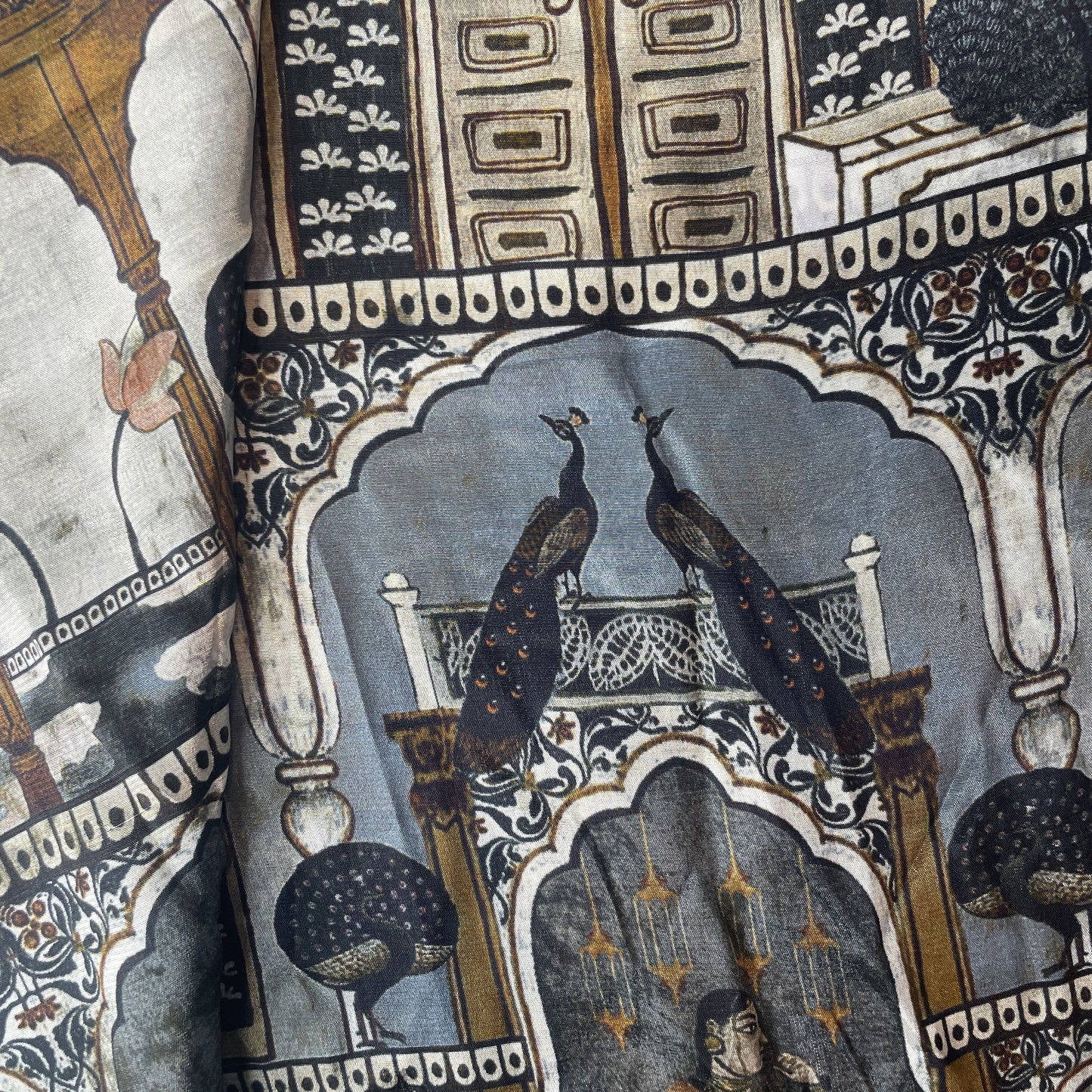 Grey Mughal Print Crepe Fabric 18038