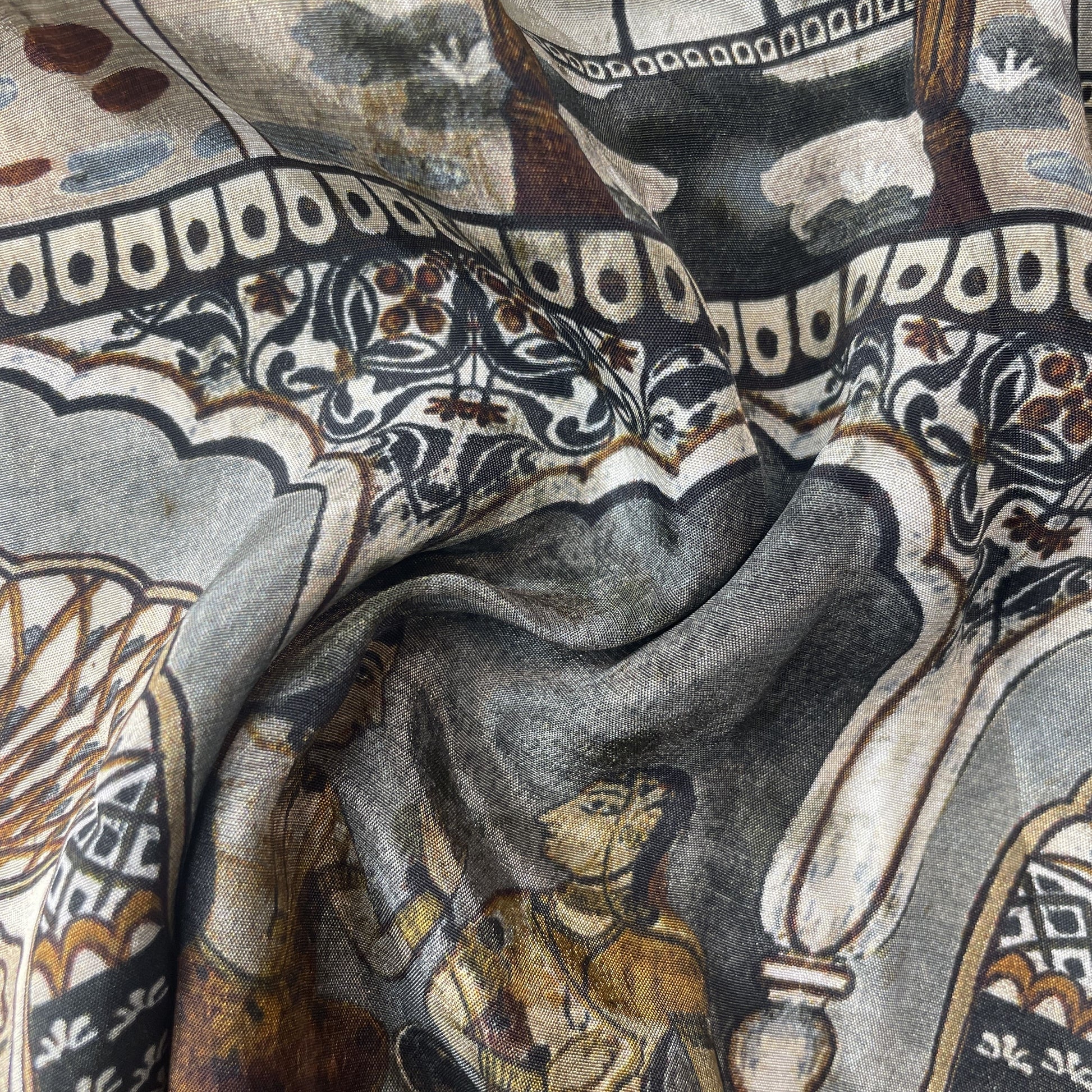 Grey Mughal Print Crepe Fabric 18038