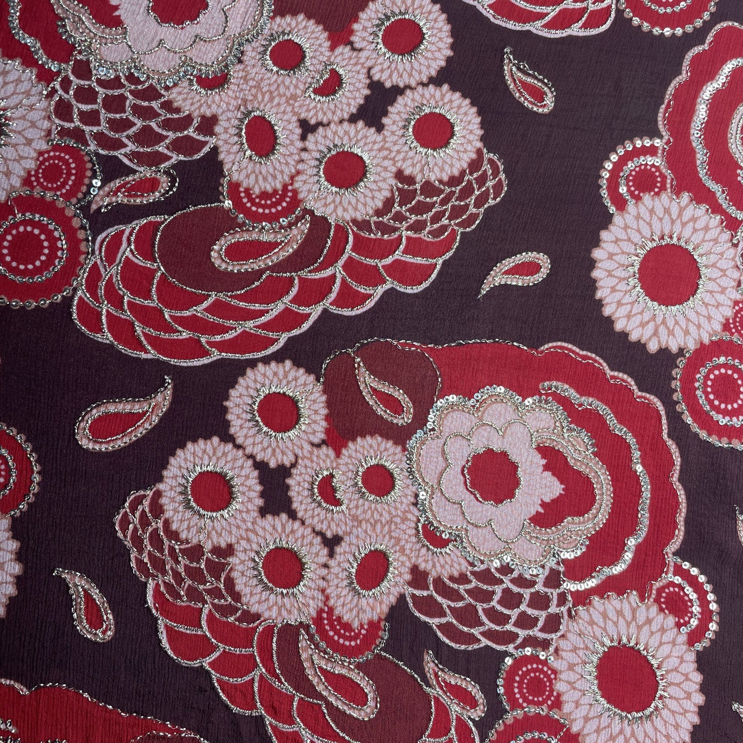 Red Floral Zari Embroidery Chinon Fabric 18528