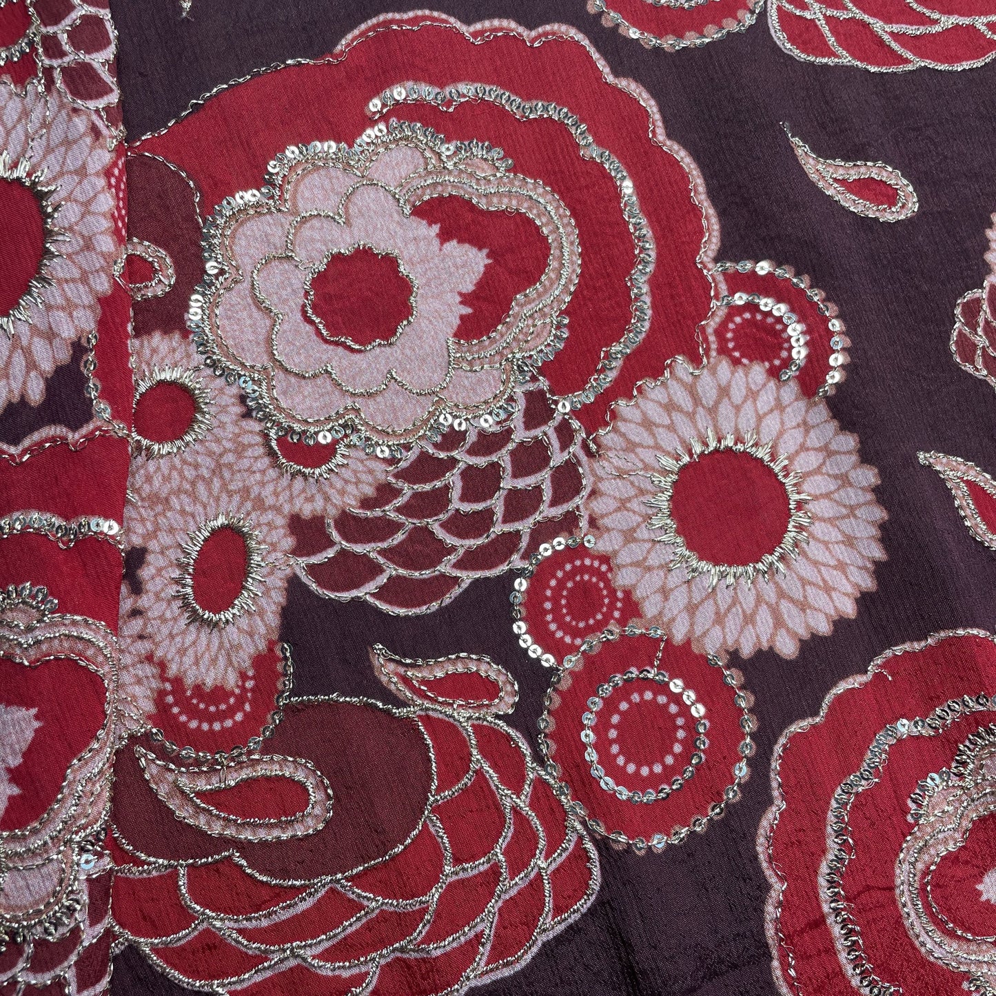 Red Floral Zari Embroidery Chinon Fabric 18528