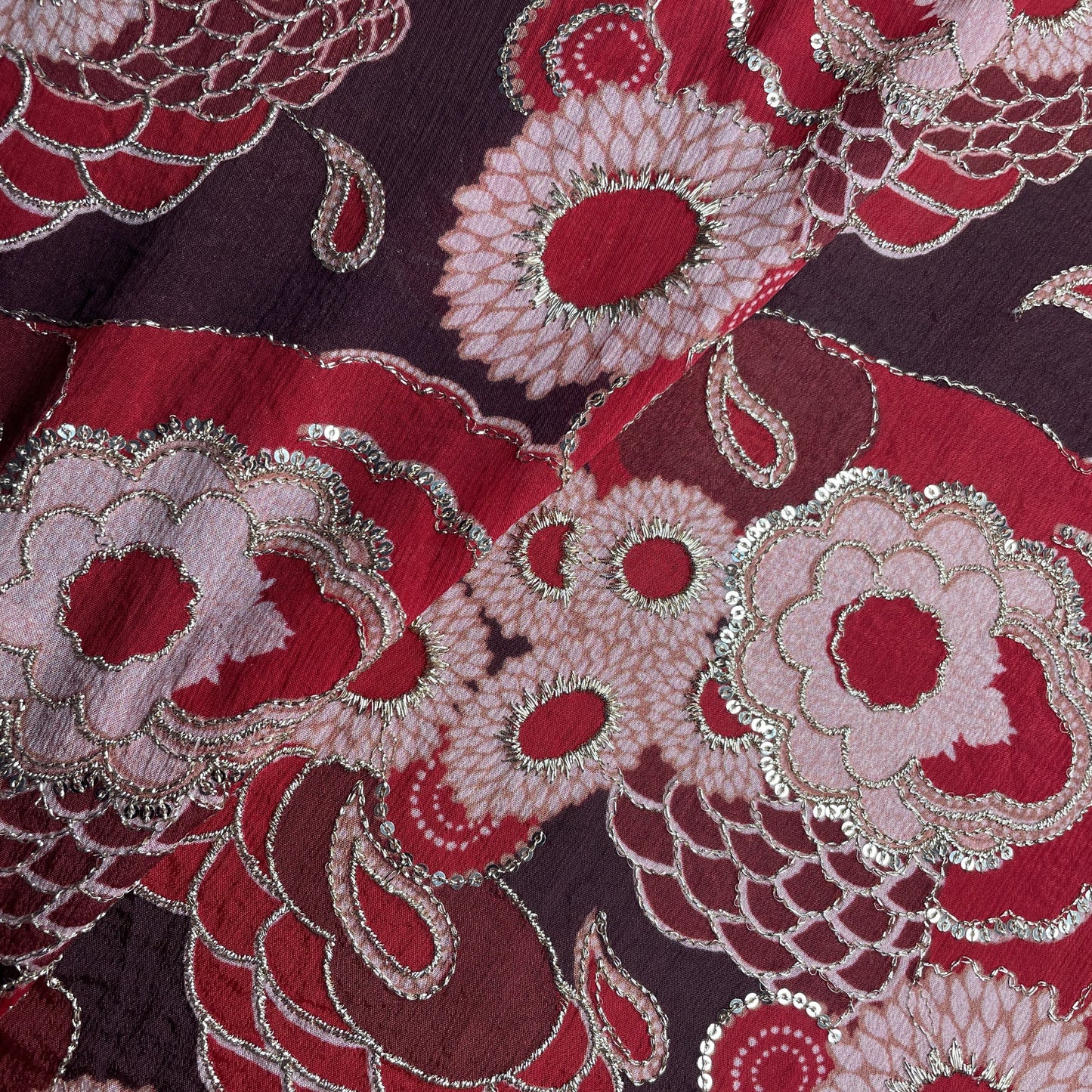 Red Floral Zari Embroidery Chinon Fabric 18528