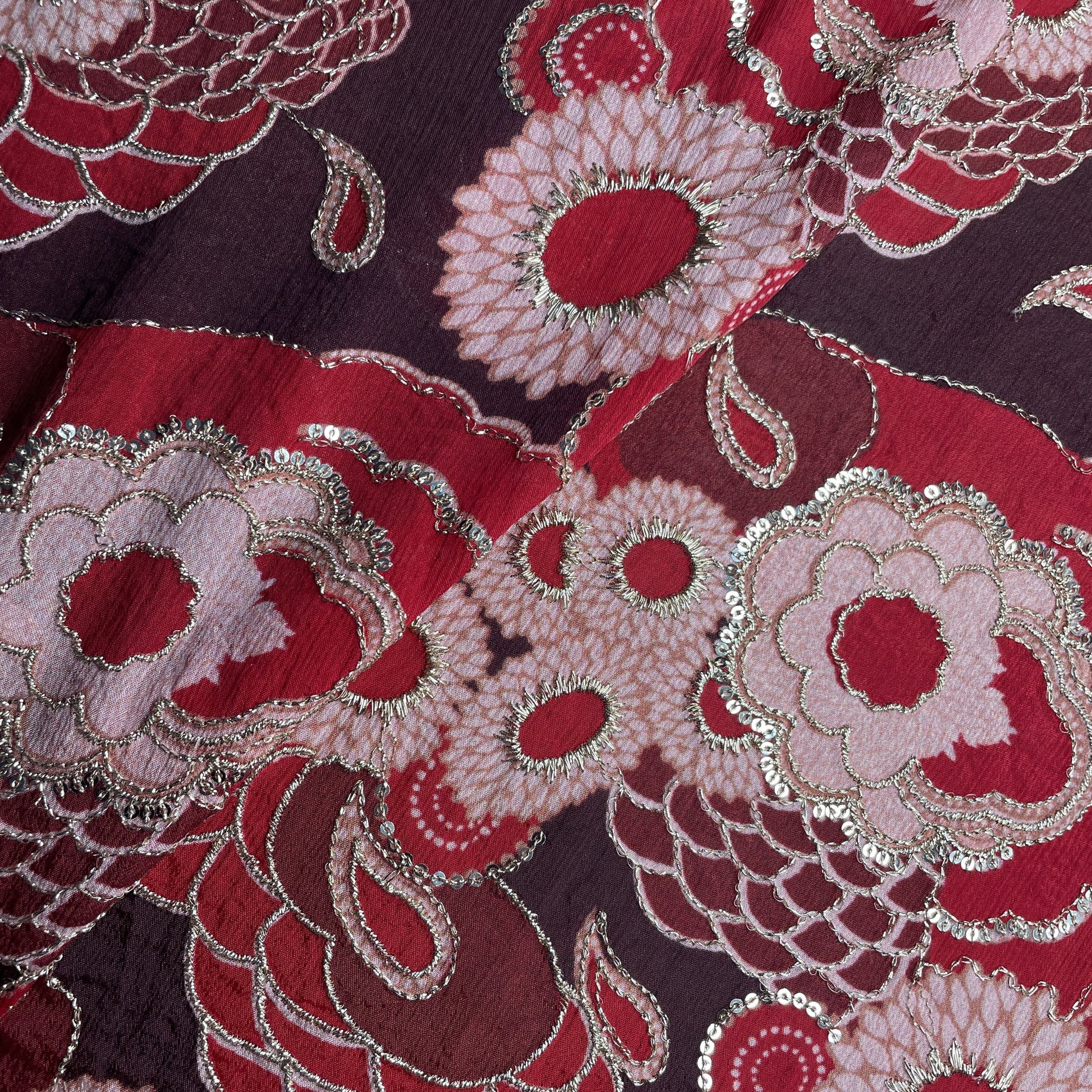 Red Floral Zari Embroidery Chinon Fabric 18528