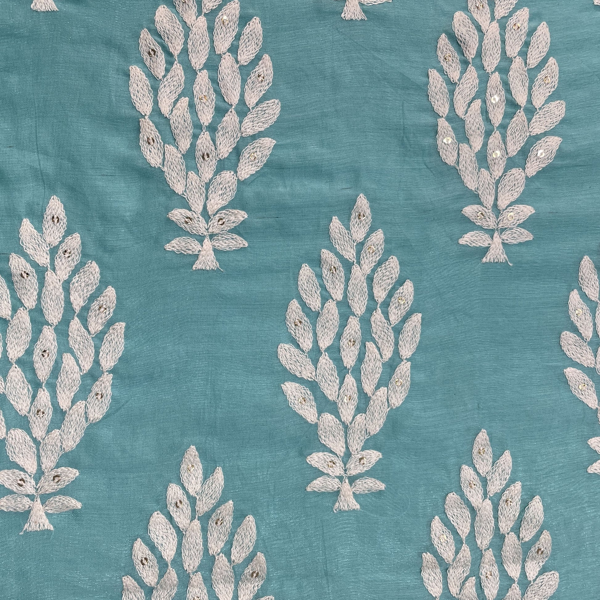 Sky Blue Thread Embroidery Malai Chanderi Silk Fabric 18573