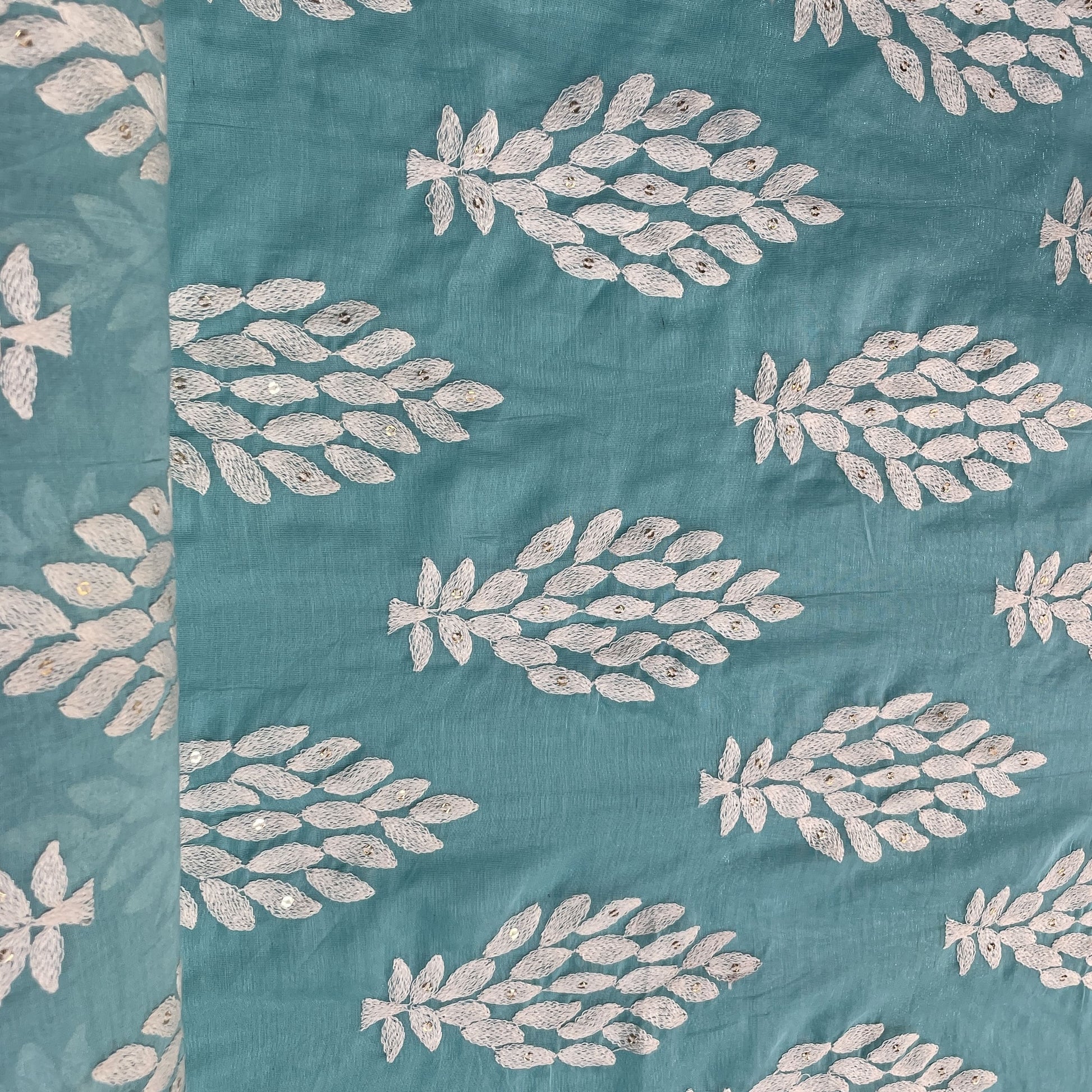 Sky Blue Thread Embroidery Malai Chanderi Silk Fabric 18573