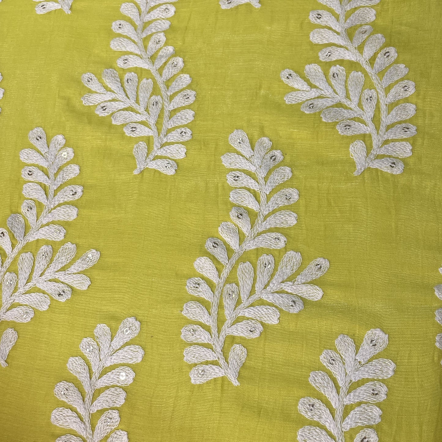 Lemon Yellow Thread Embroidery Malai Chanderi Silk Fabric 18576