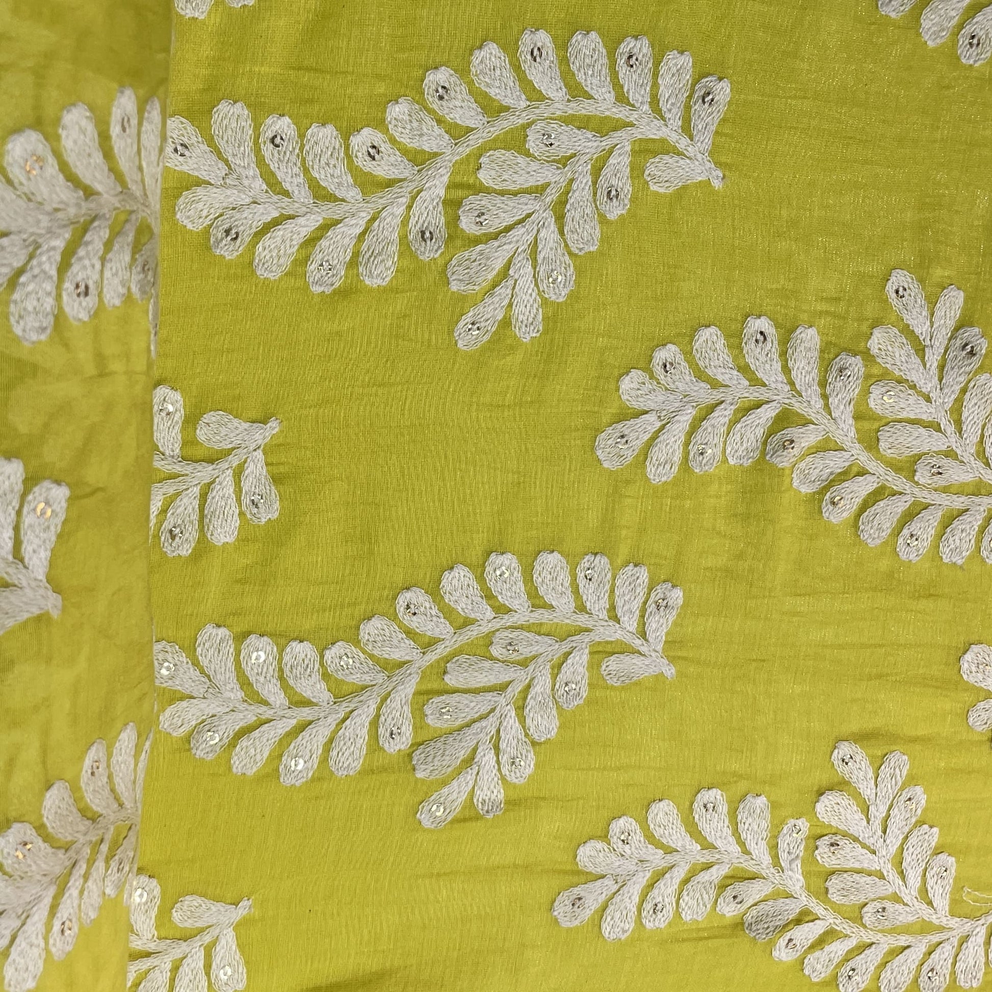 Lemon Yellow Thread Embroidery Malai Chanderi Silk Fabric 18576