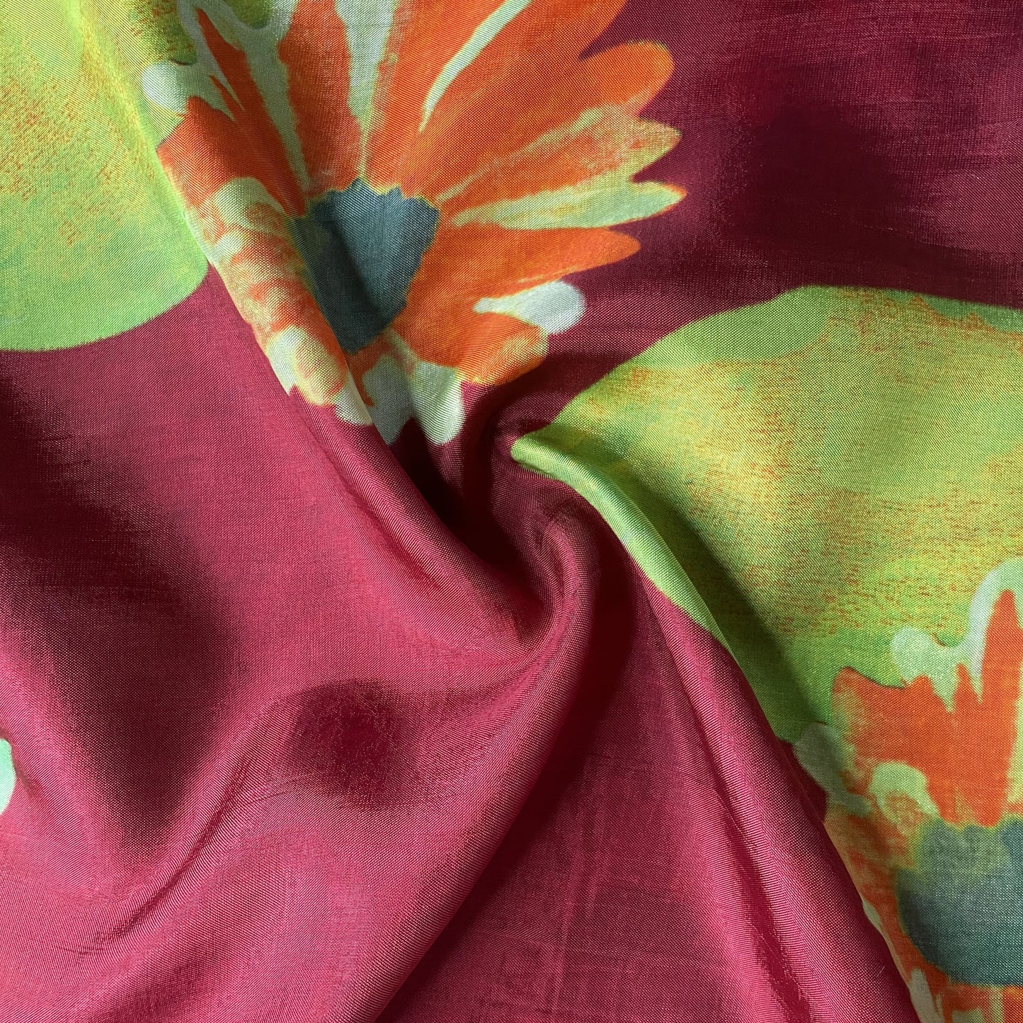 Red Floral Print Upada Silk Fabric 19603