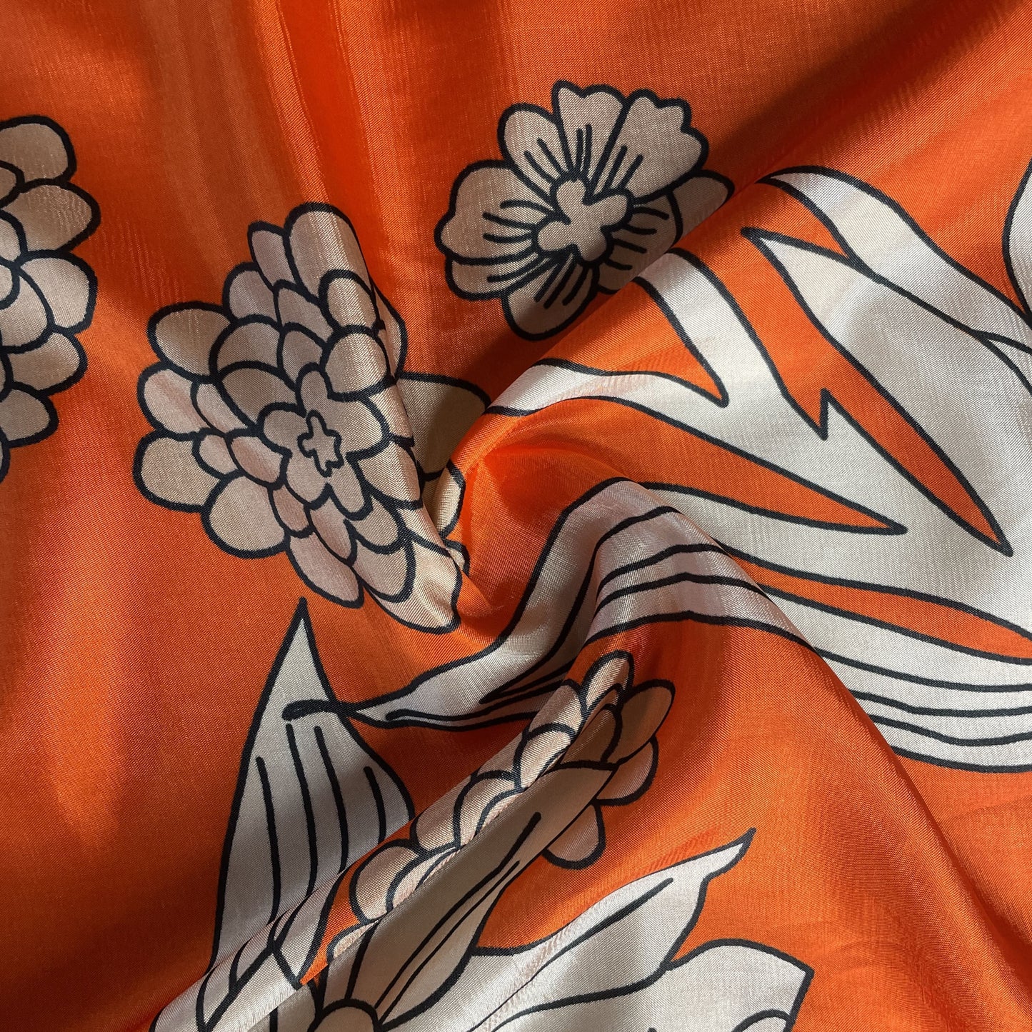 Orange Floral Print Upada Silk Fabric 19604