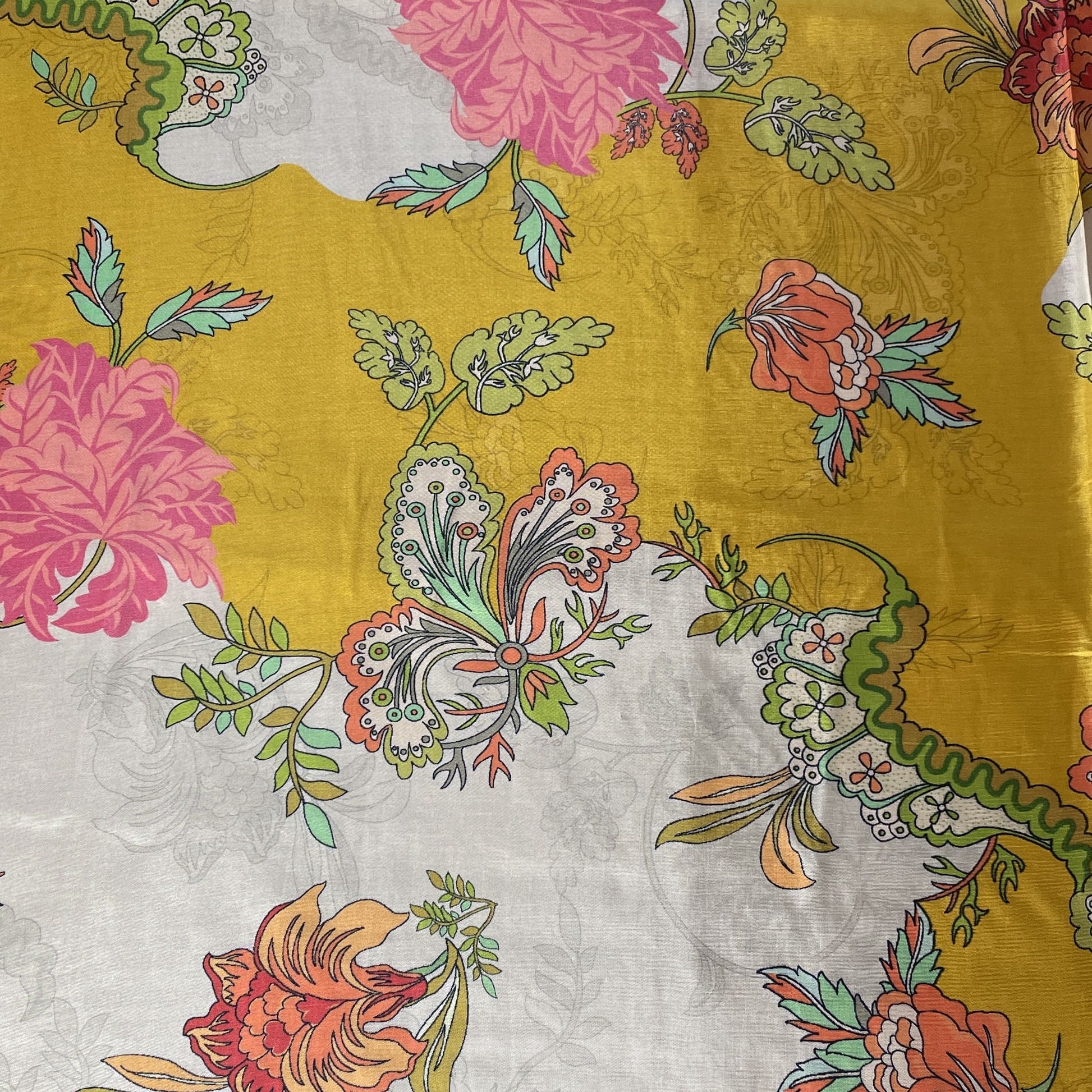 Yellow Floral Print Upada Silk Fabric 19620