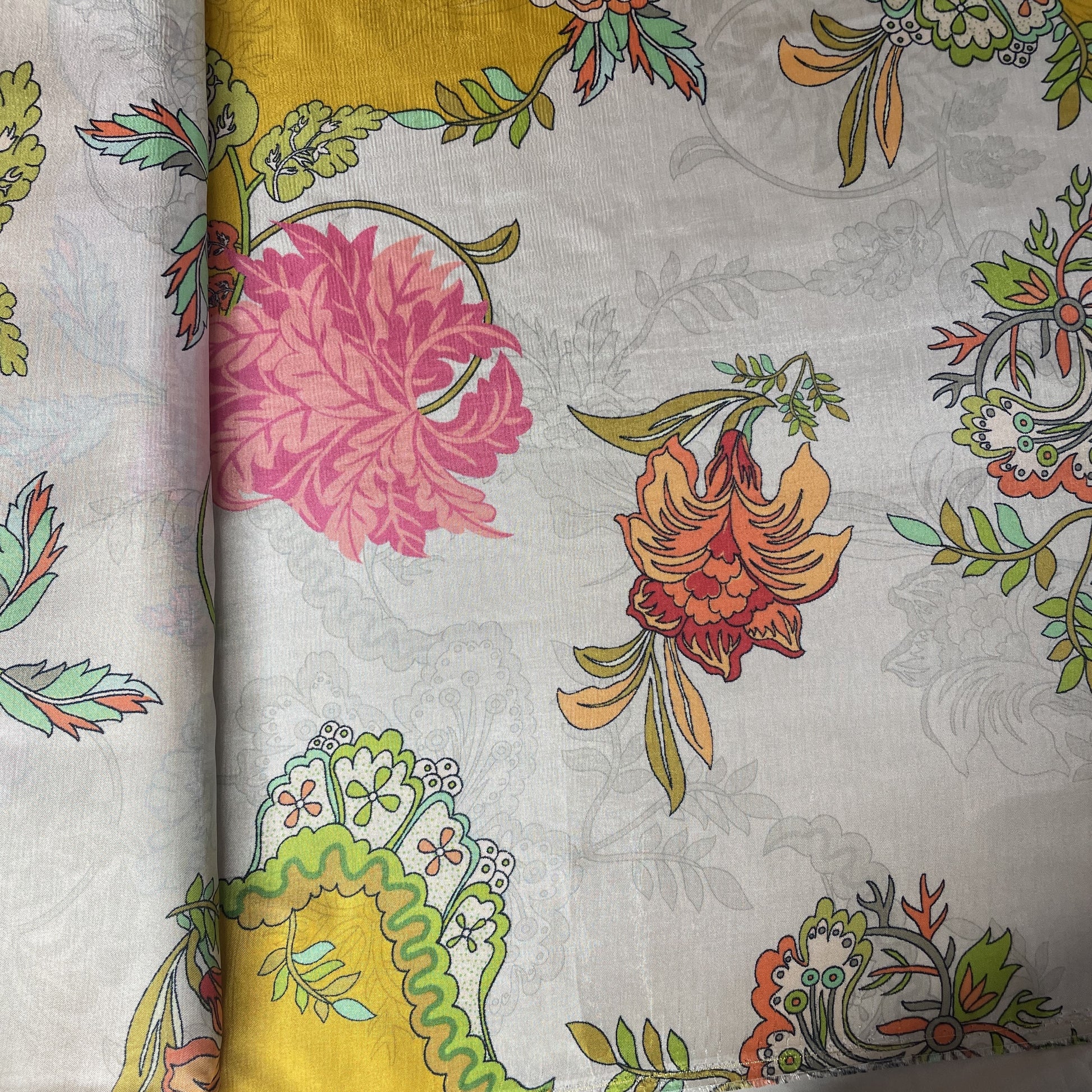 Yellow Floral Print Upada Silk Fabric 19620