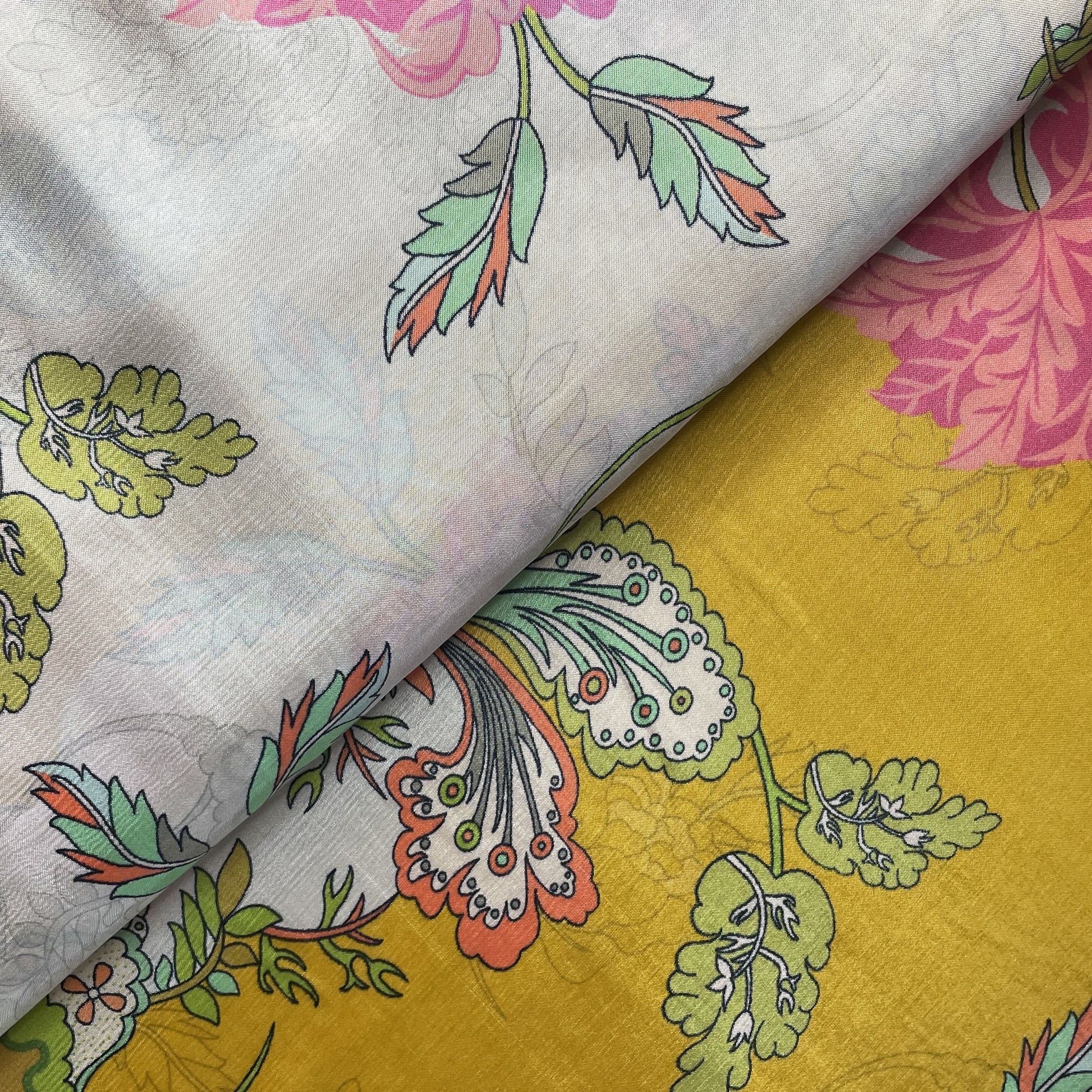 Yellow Floral Print Upada Silk Fabric 19620