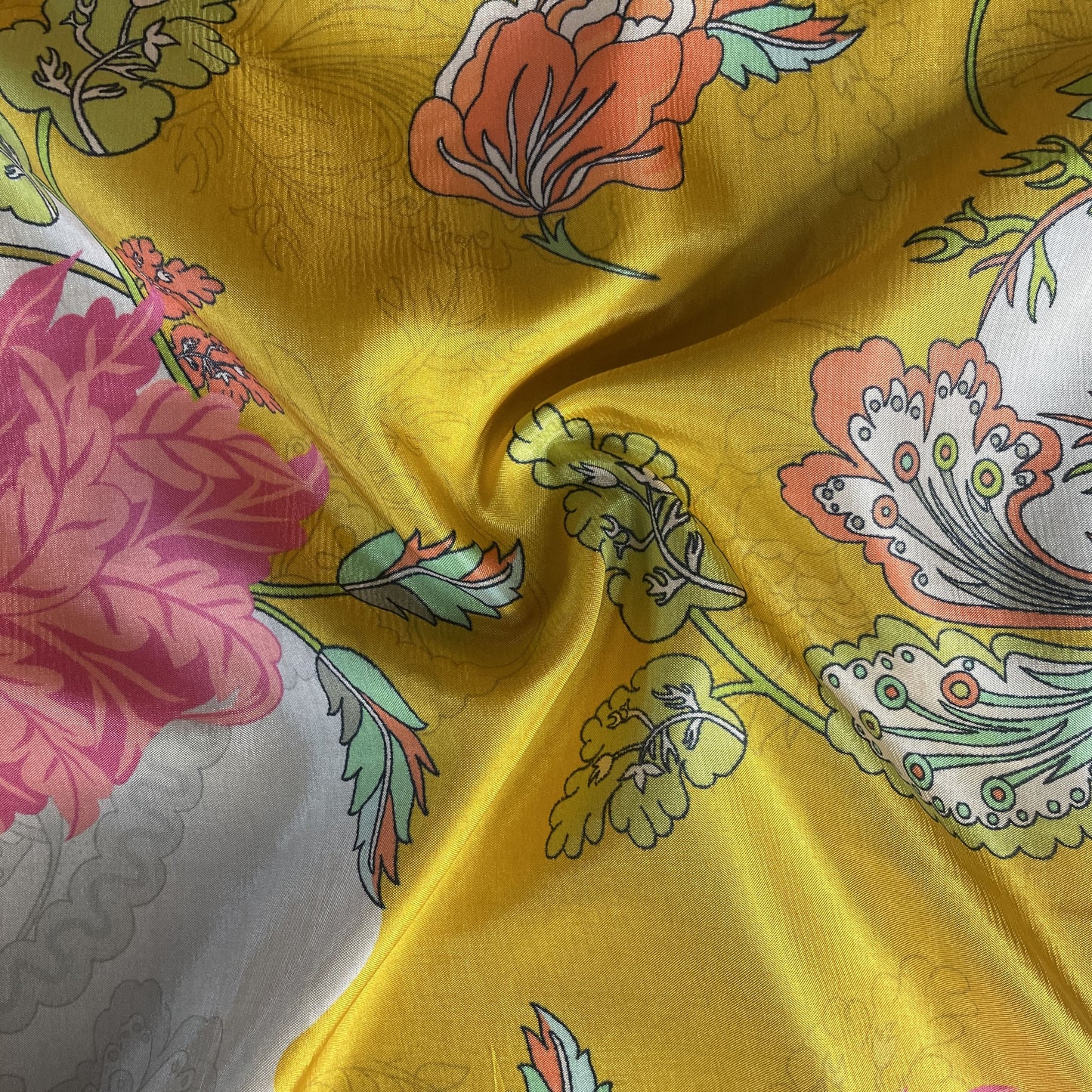 Yellow Floral Print Upada Silk Fabric 19620