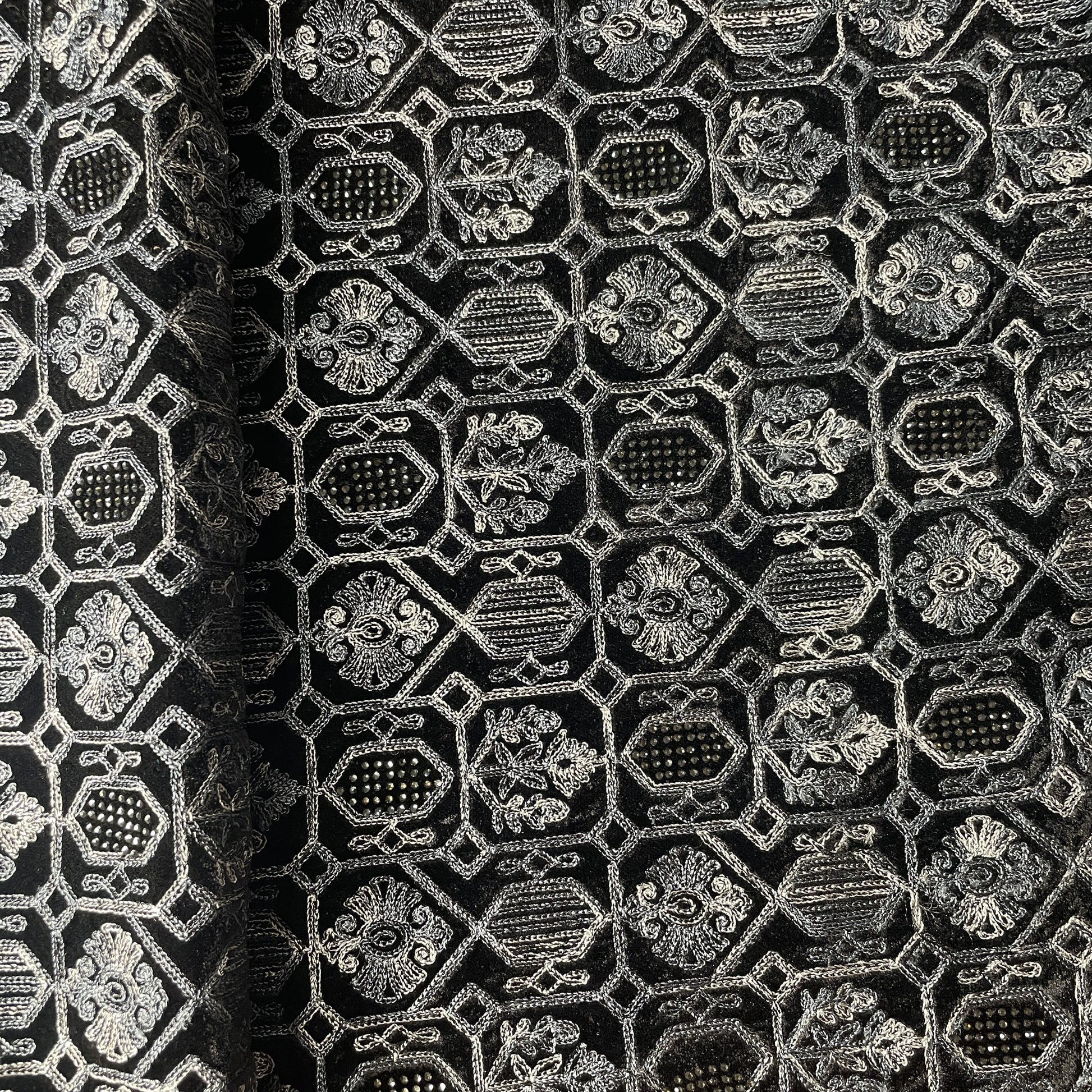 Black Thread Embroidery Velvet Fabric 19689