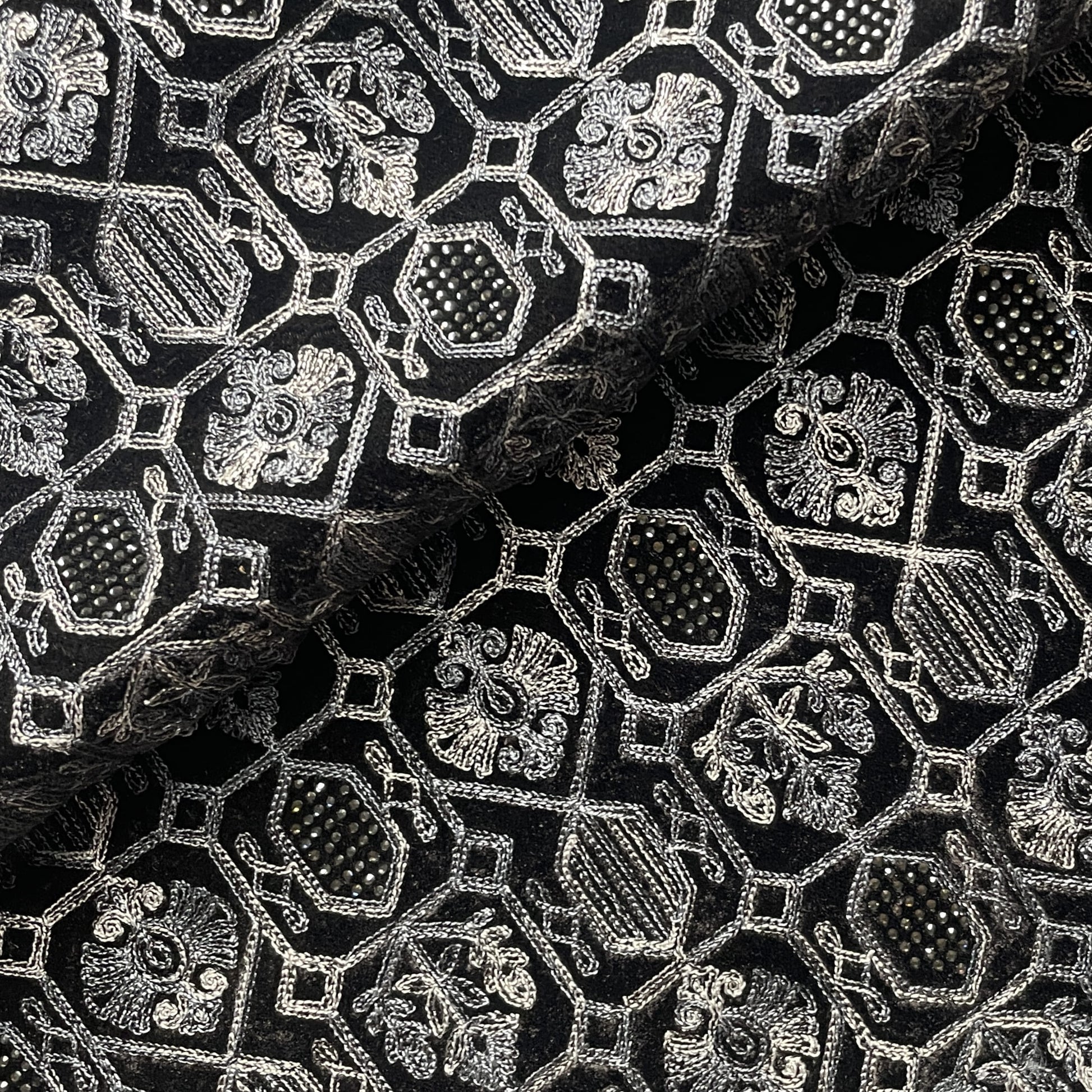 Black Thread Embroidery Velvet Fabric 19689