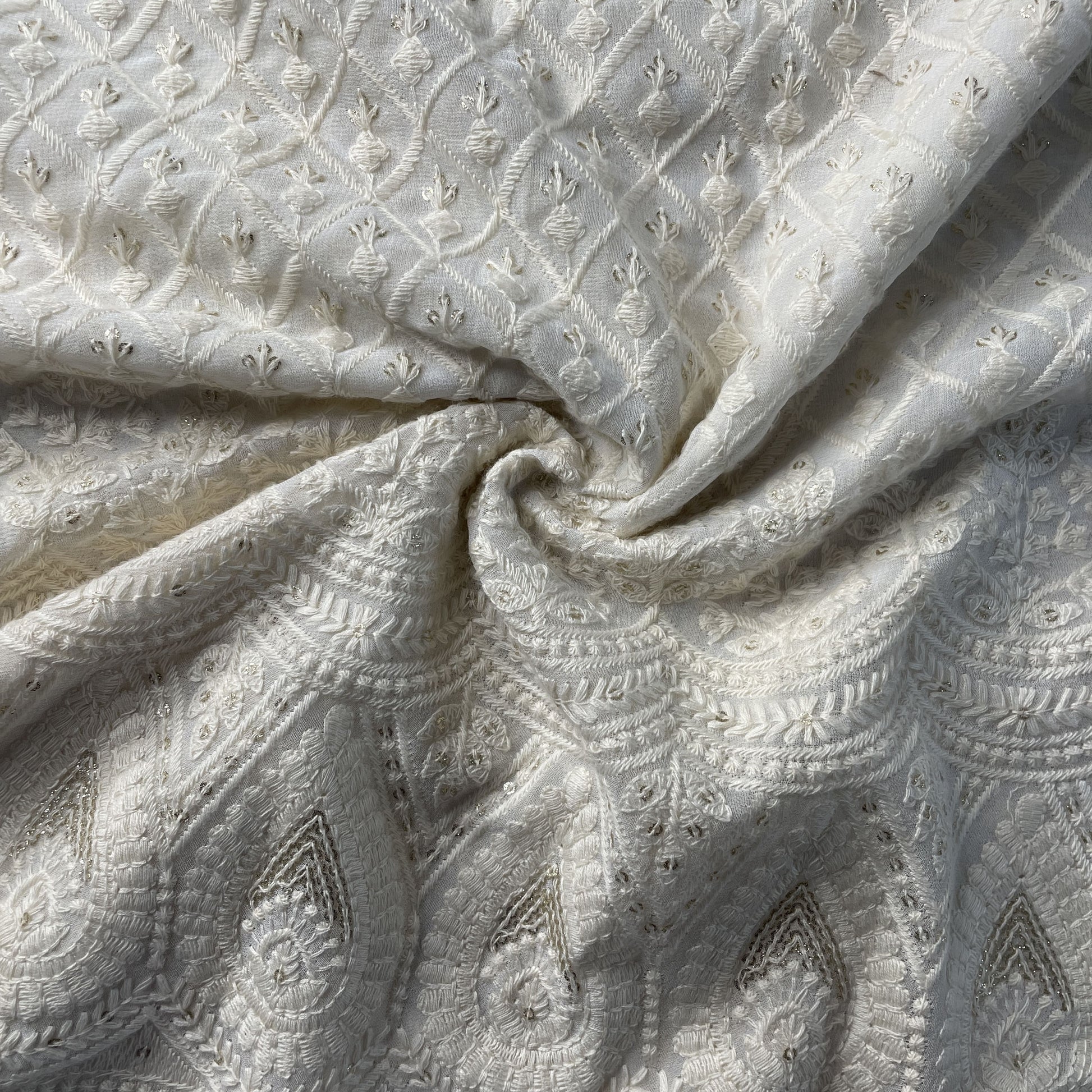 White Chikankari Thread Embroidery Dyeable Georgette Fabric 19693