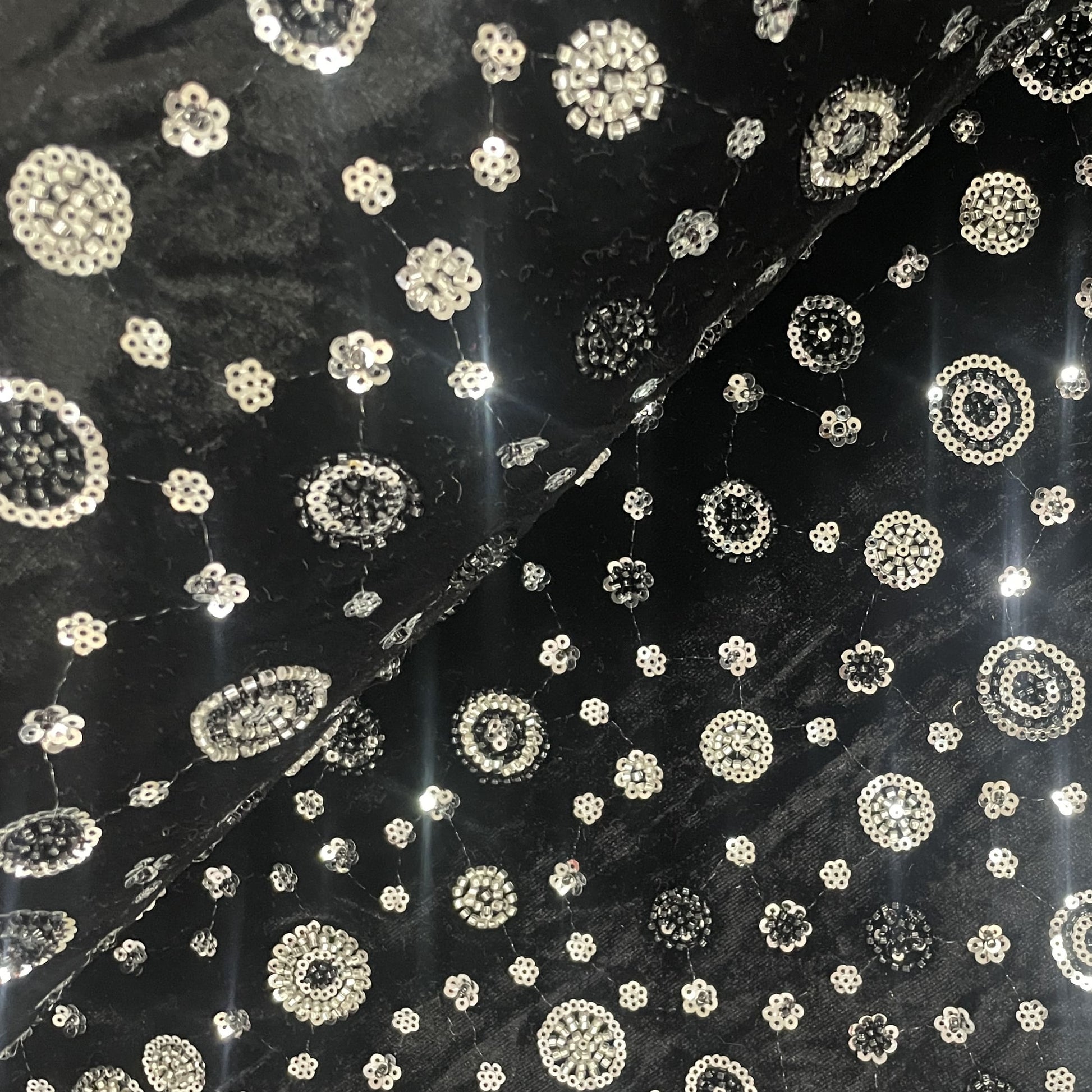 Black Cutdana Sequins Embroidery Valvet Fabric 19704