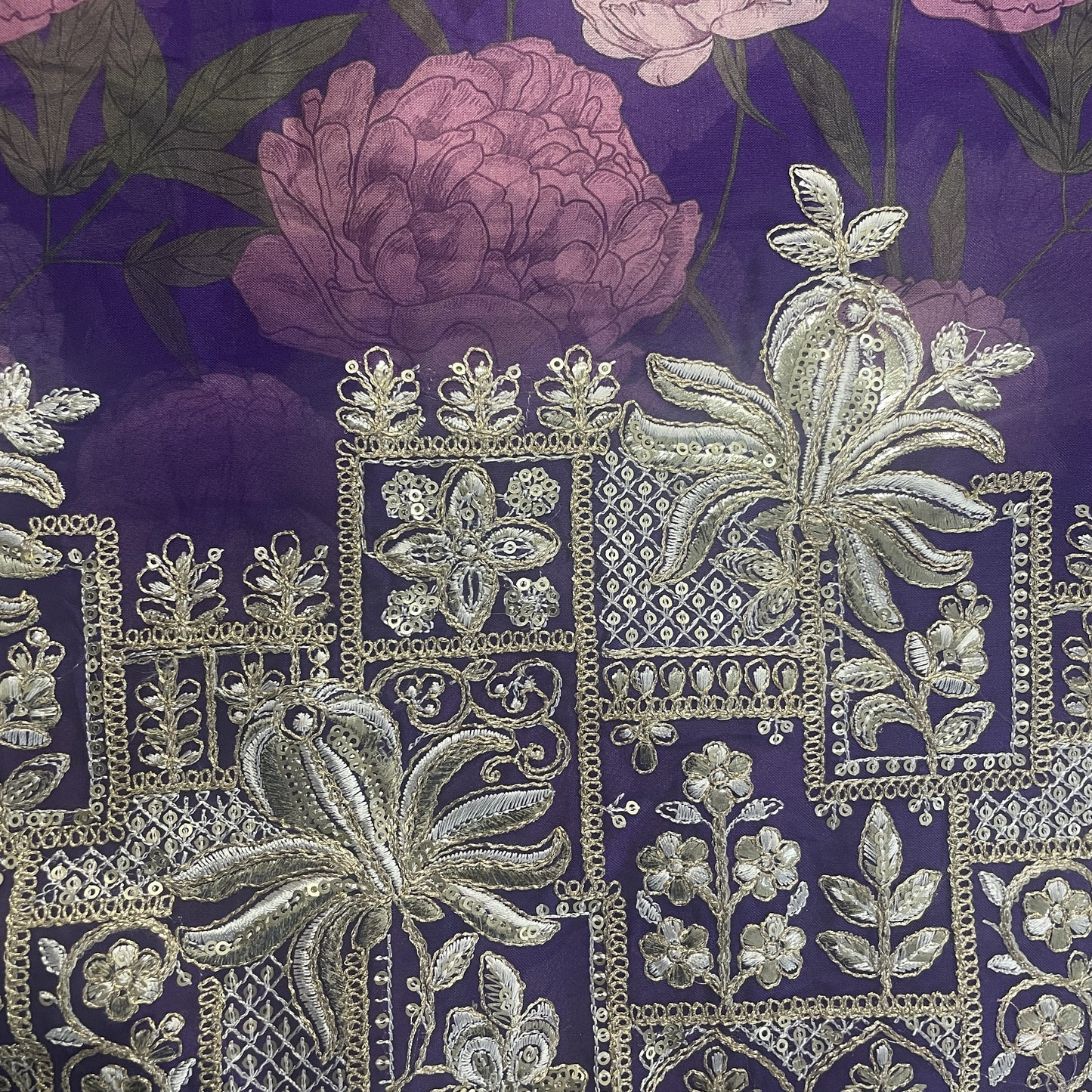 Blue Floral Embroidery on Border Organza Fabric 19937