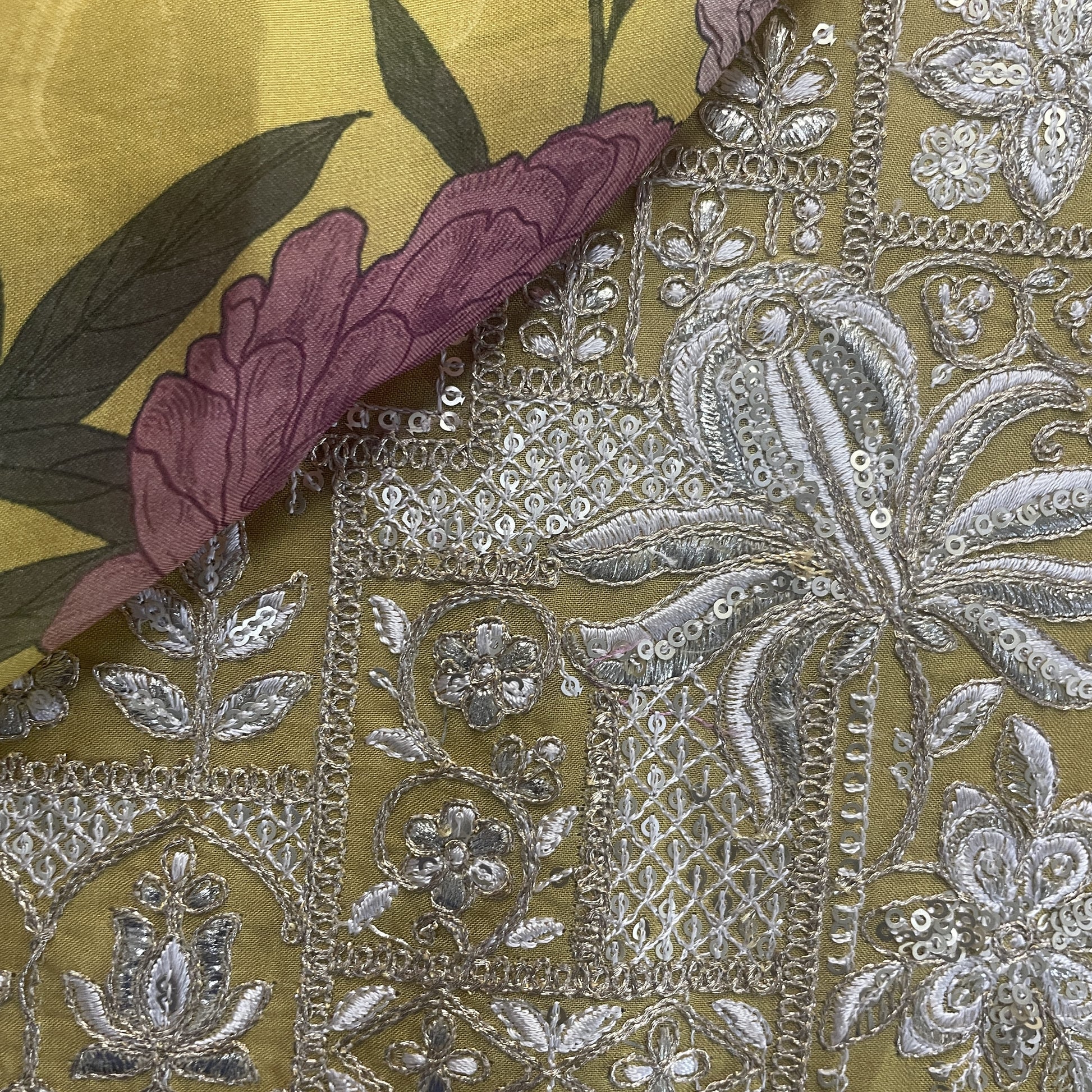 Mustard Floral Embroidery on Border Organza Fabric 19939