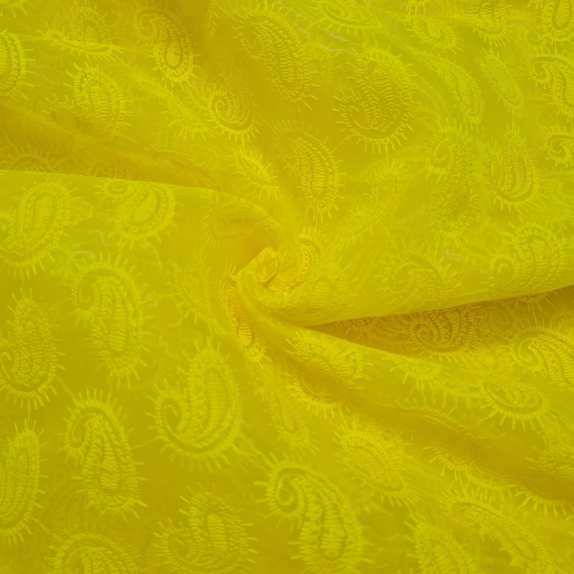 Yellow Paisley Thread Embroidery Organza Fabric - TradeUNO