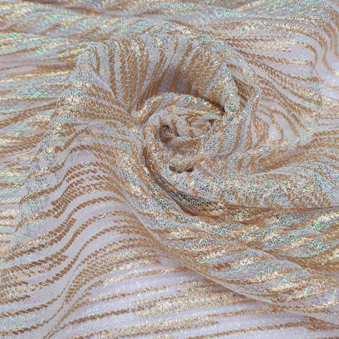 Cream Pleated Lycra Stretch Fabric with Gold Foil Print