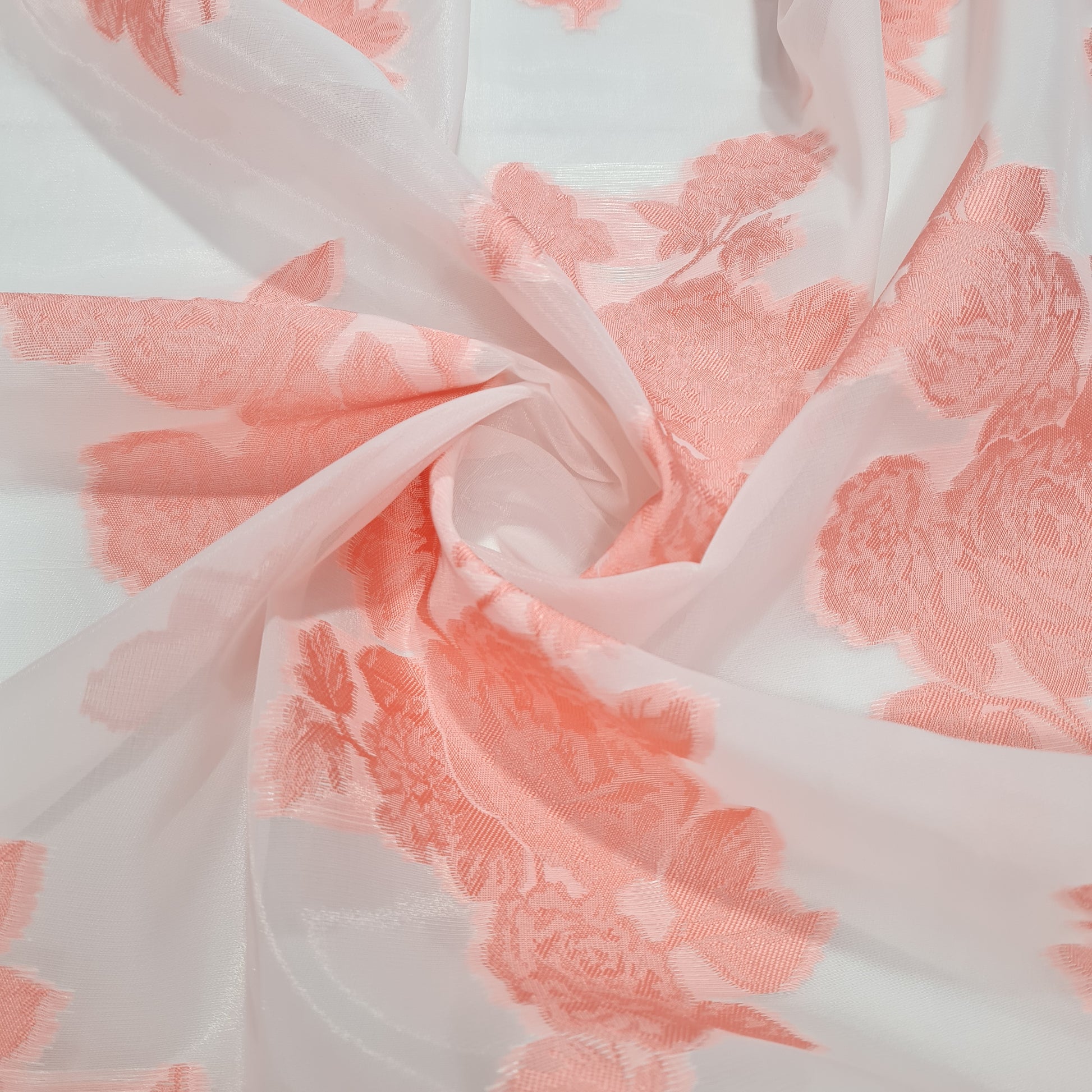 White & Pink Floral Organza Jacquard Fabric - TradeUNO