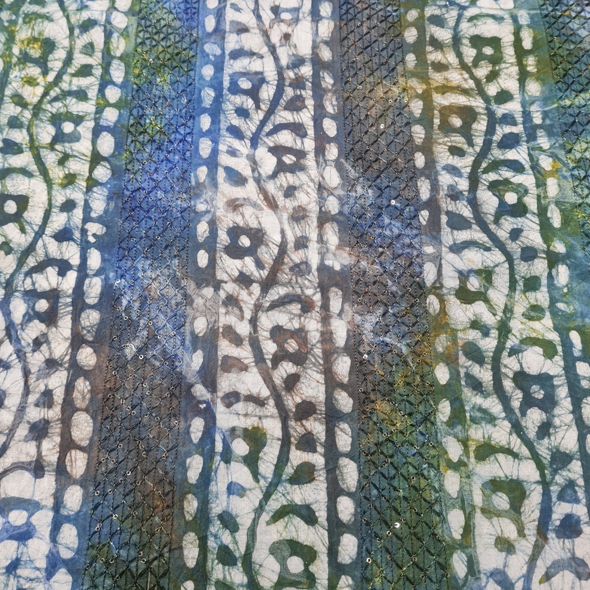 Blue Batik Print Sequence Embroidery Cotton Fabric - TradeUNO