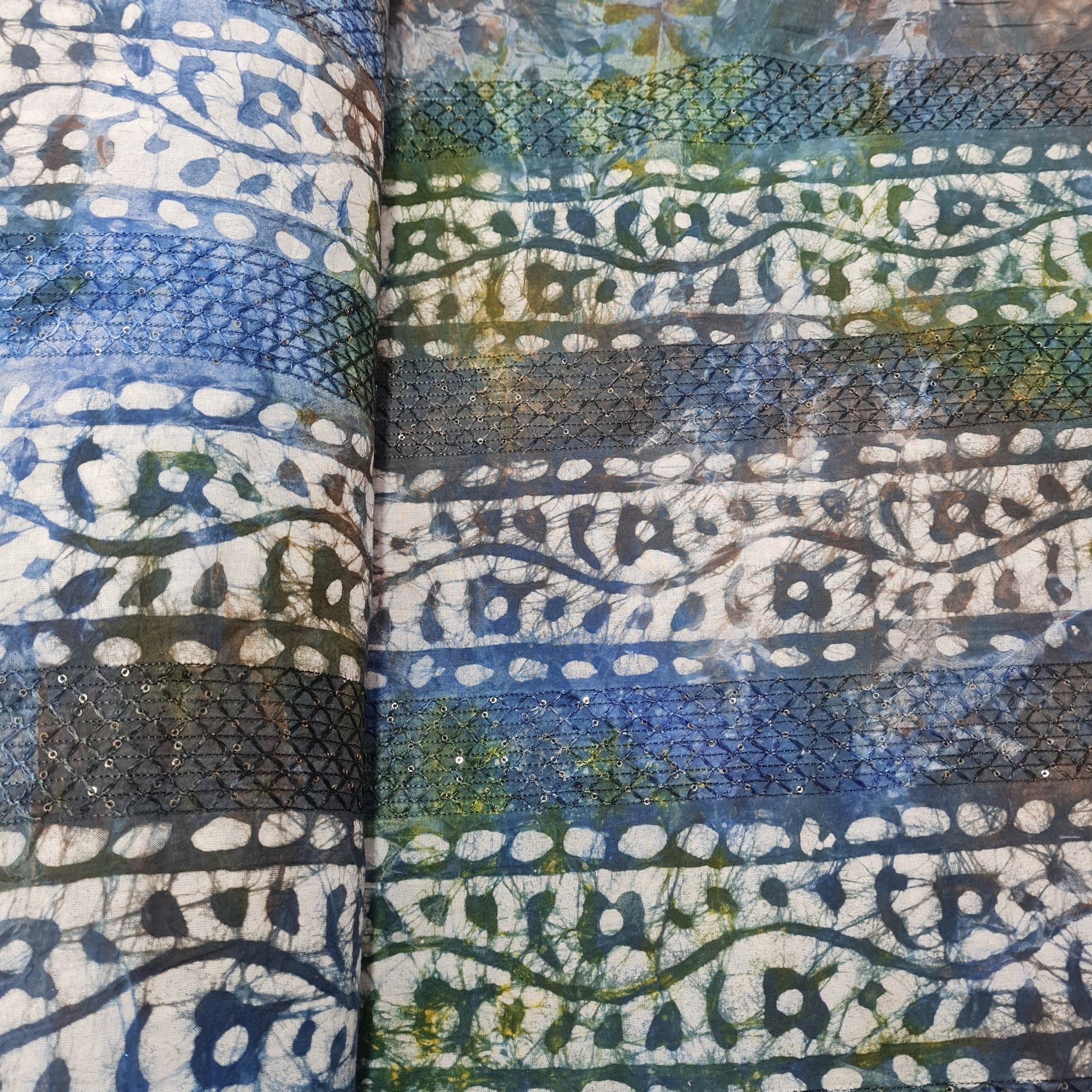 Blue Batik Print Sequence Embroidery Cotton Fabric - TradeUNO