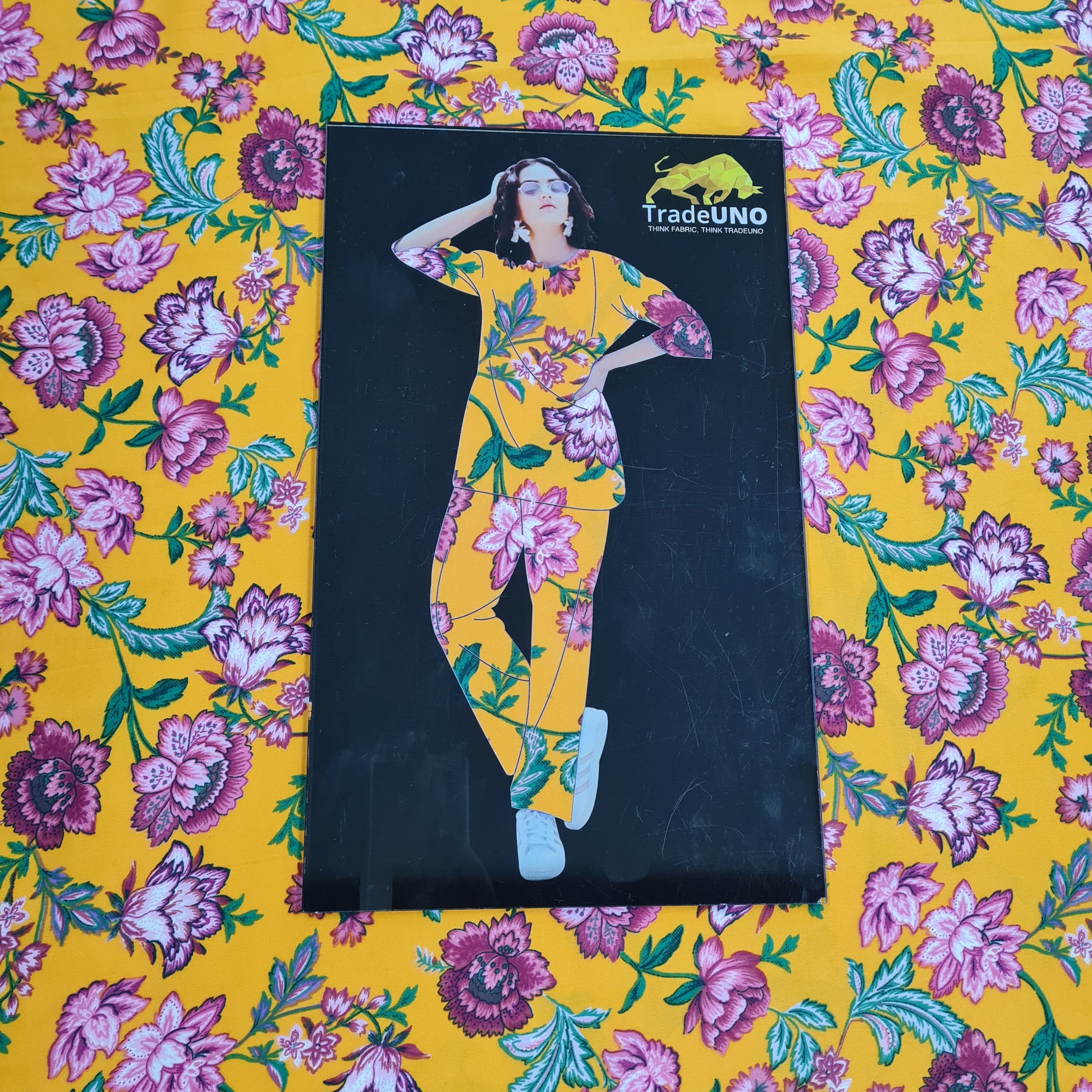 Mustard & Pink Floral Print Crepe Fabric - TradeUNO