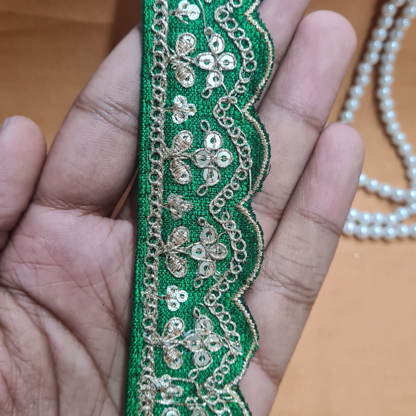 Premium Green Zari Sequence Silk Lace