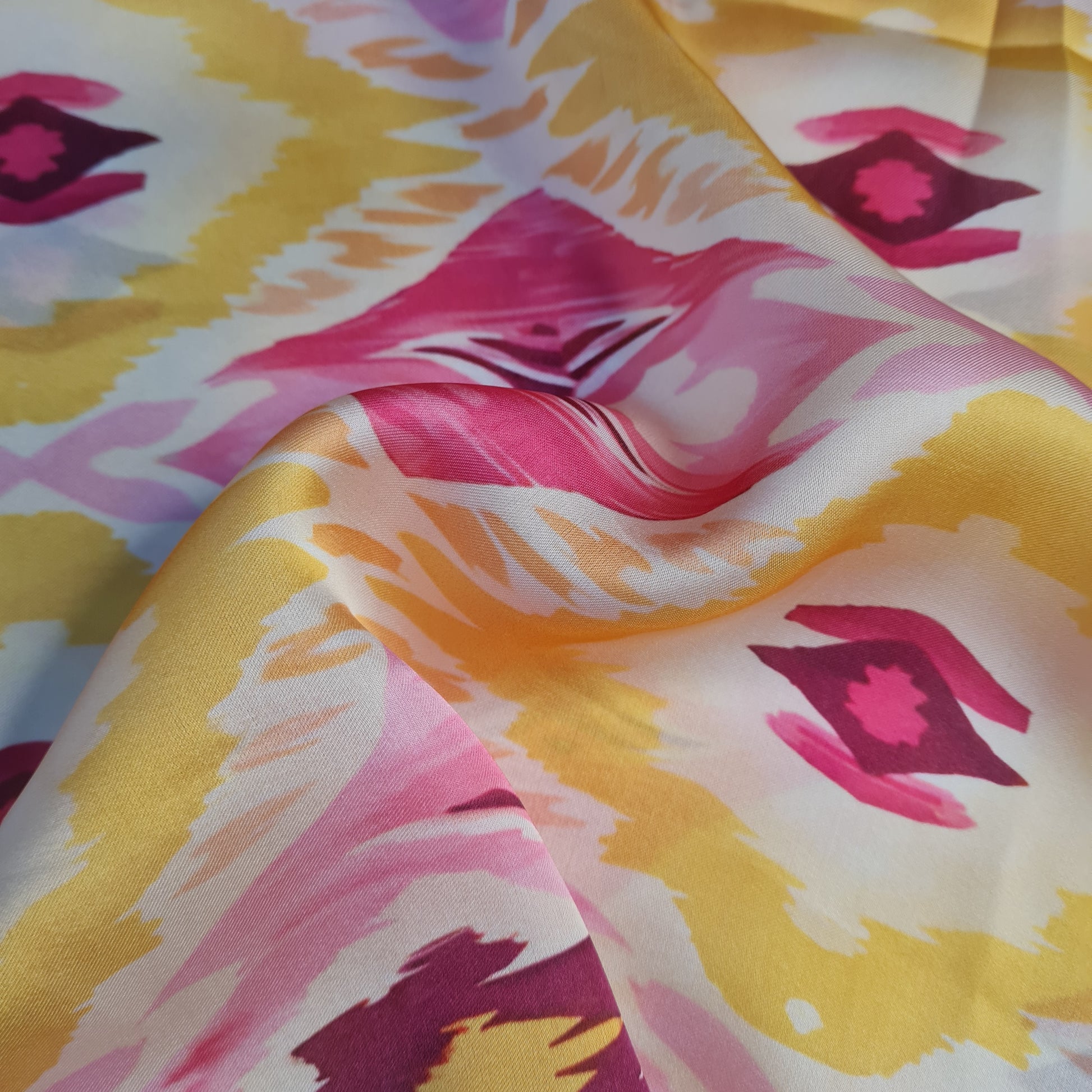 Exclusive Satin Georgette Yellow Pink Ikkat Abstract Print Fabric