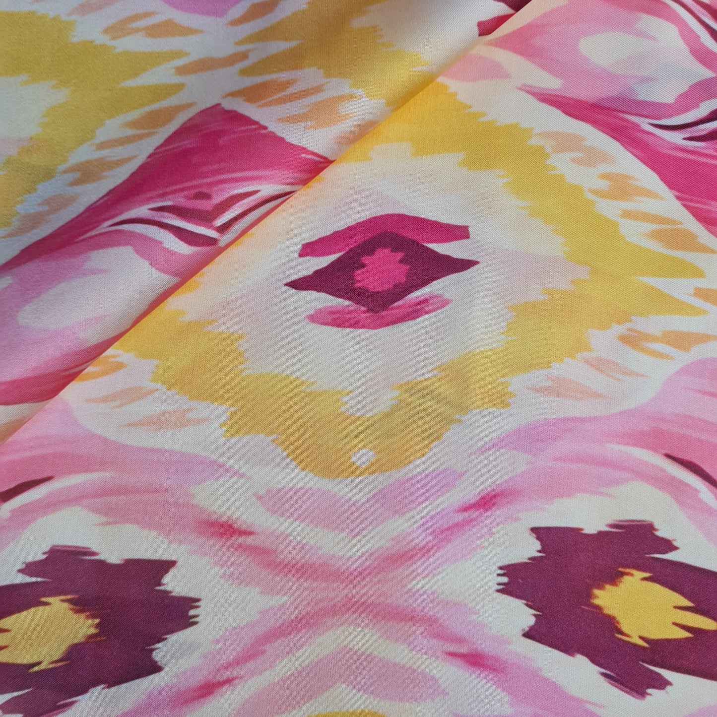 Exclusive Satin Georgette Yellow Pink Ikkat Abstract Print Fabric