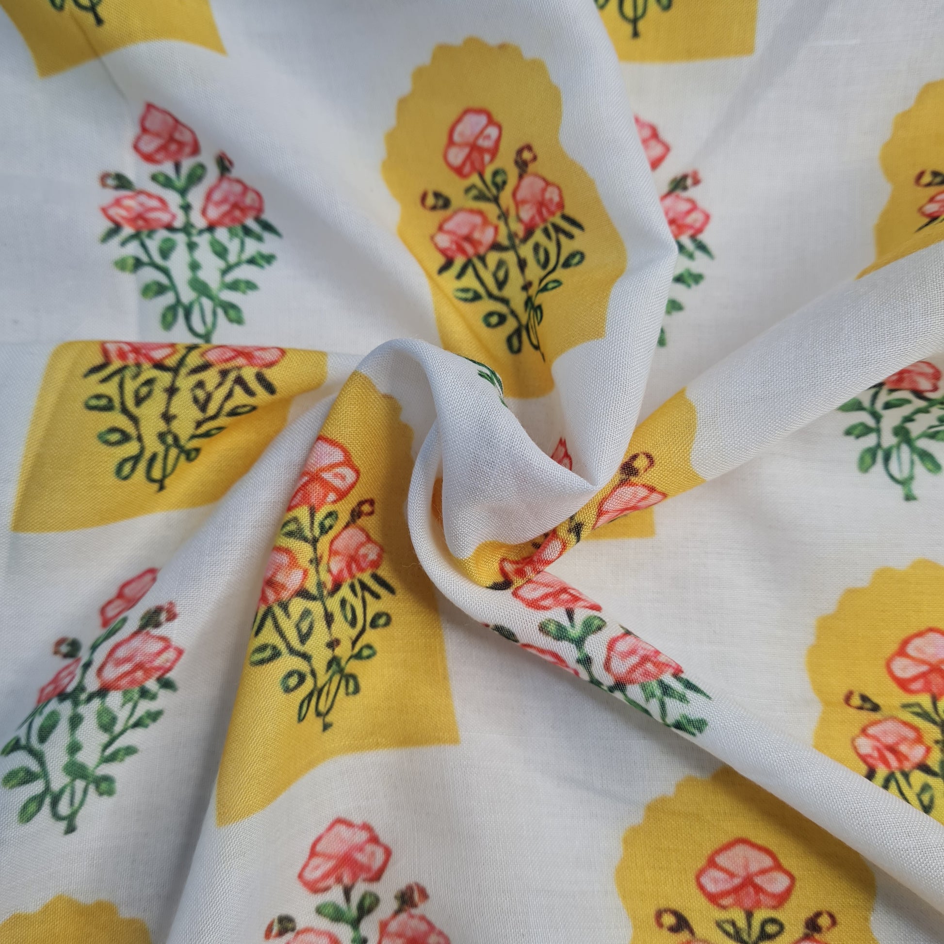 Exclusive Cambric Cotton White Yellow Quirky Print Fabric