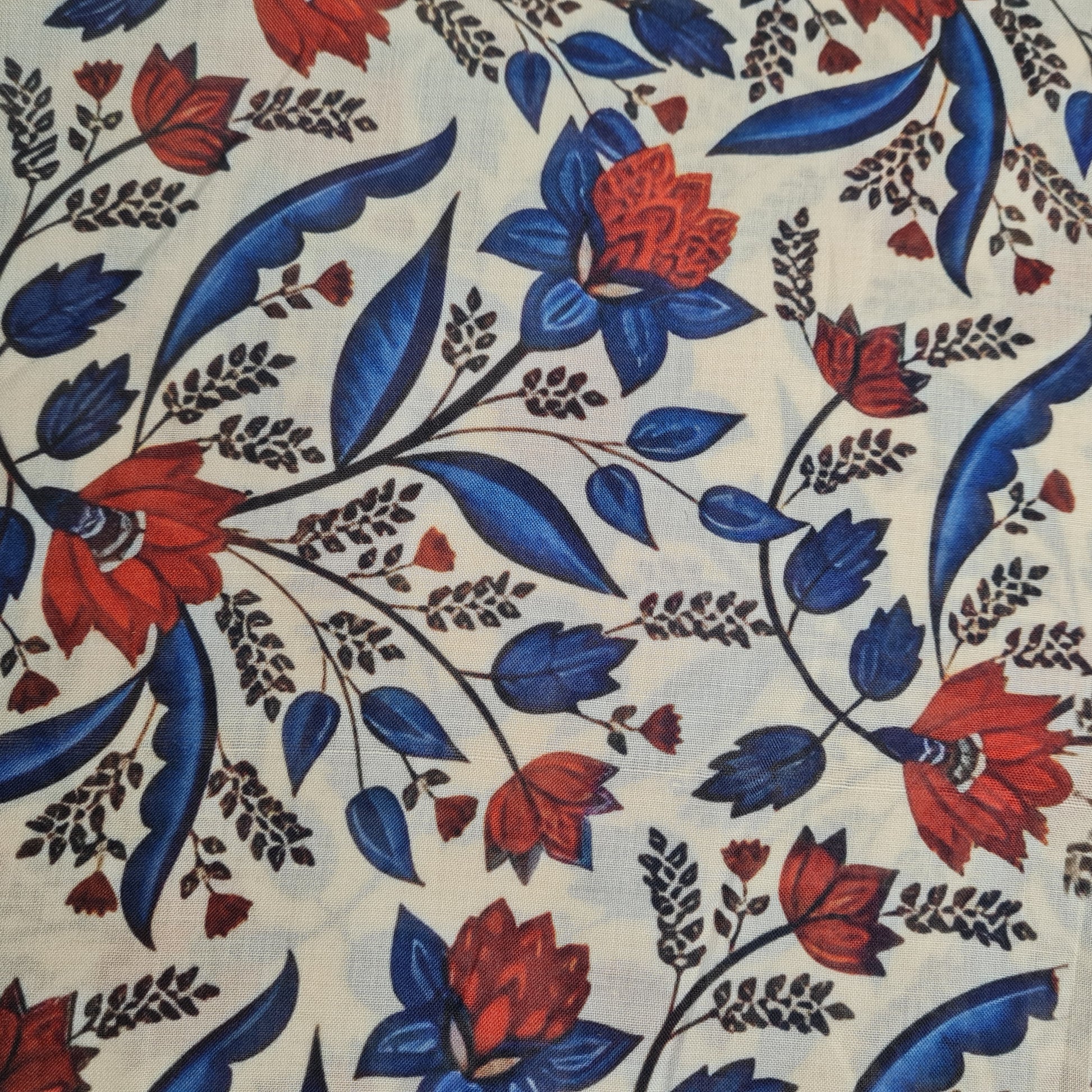 Exclusive Creame Blue Floral Print Cambric Cotton Fabric