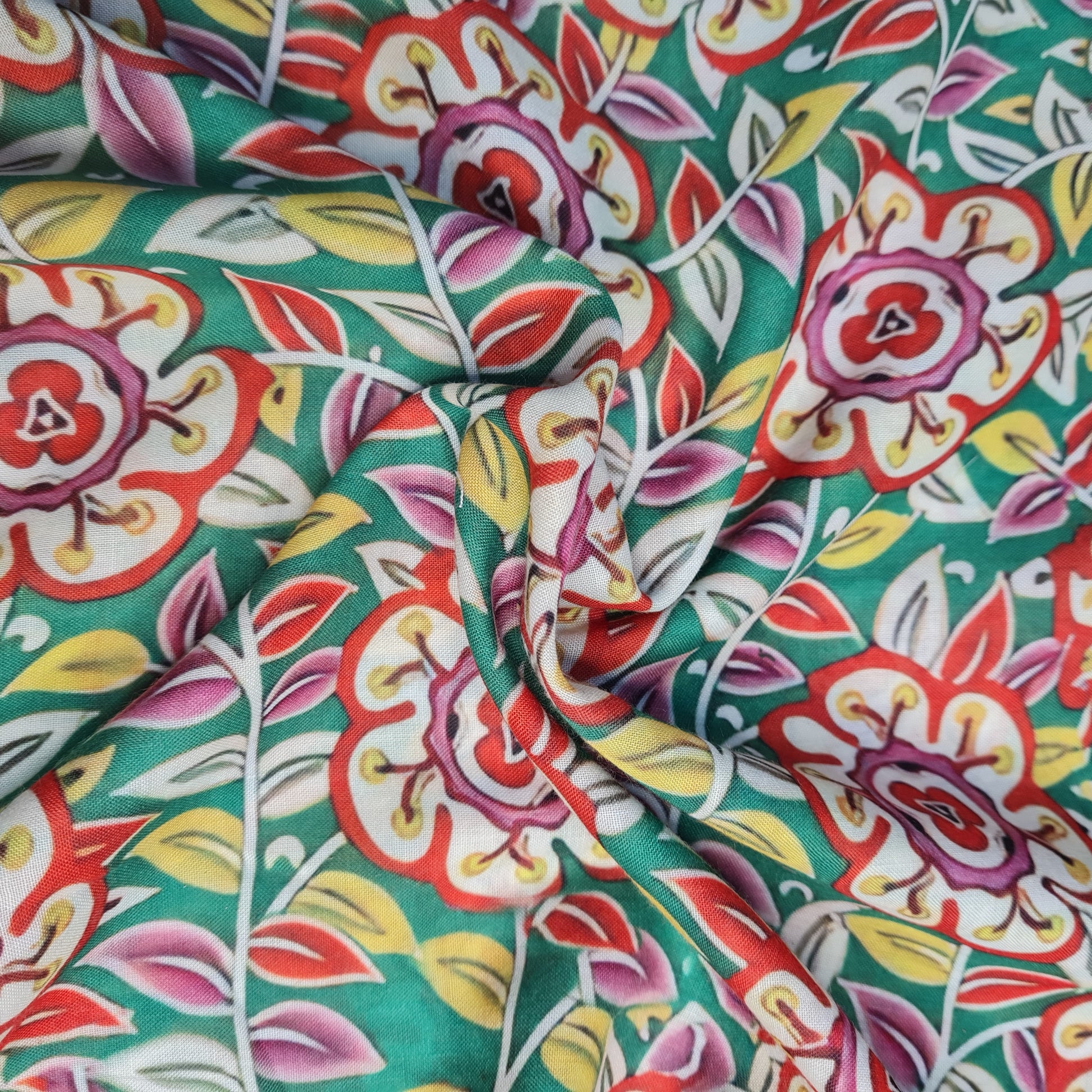 Exclusive Green Multicolor Floral Print Cambric Cotton Fabric