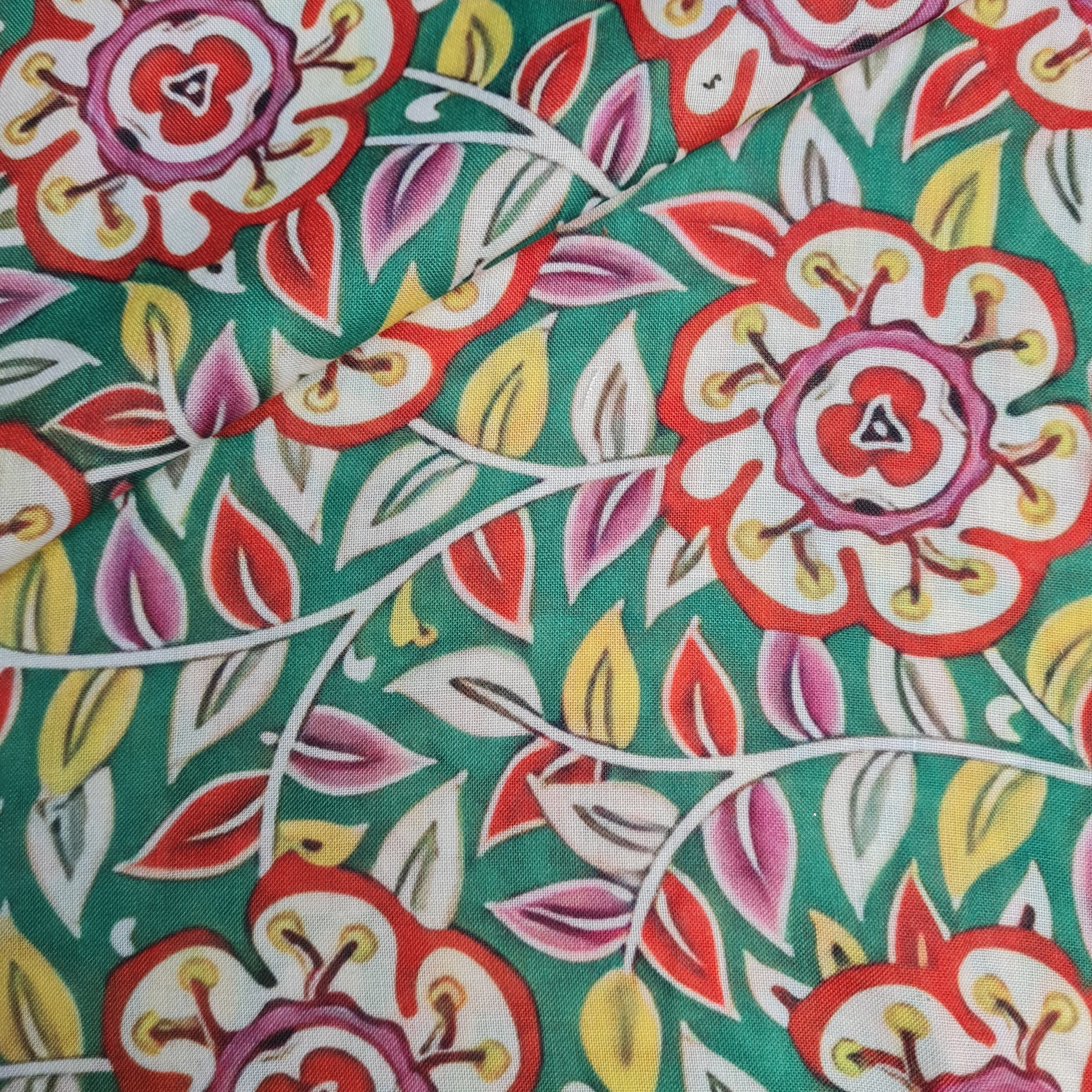 Exclusive Green Multicolor Floral Print Cambric Cotton Fabric