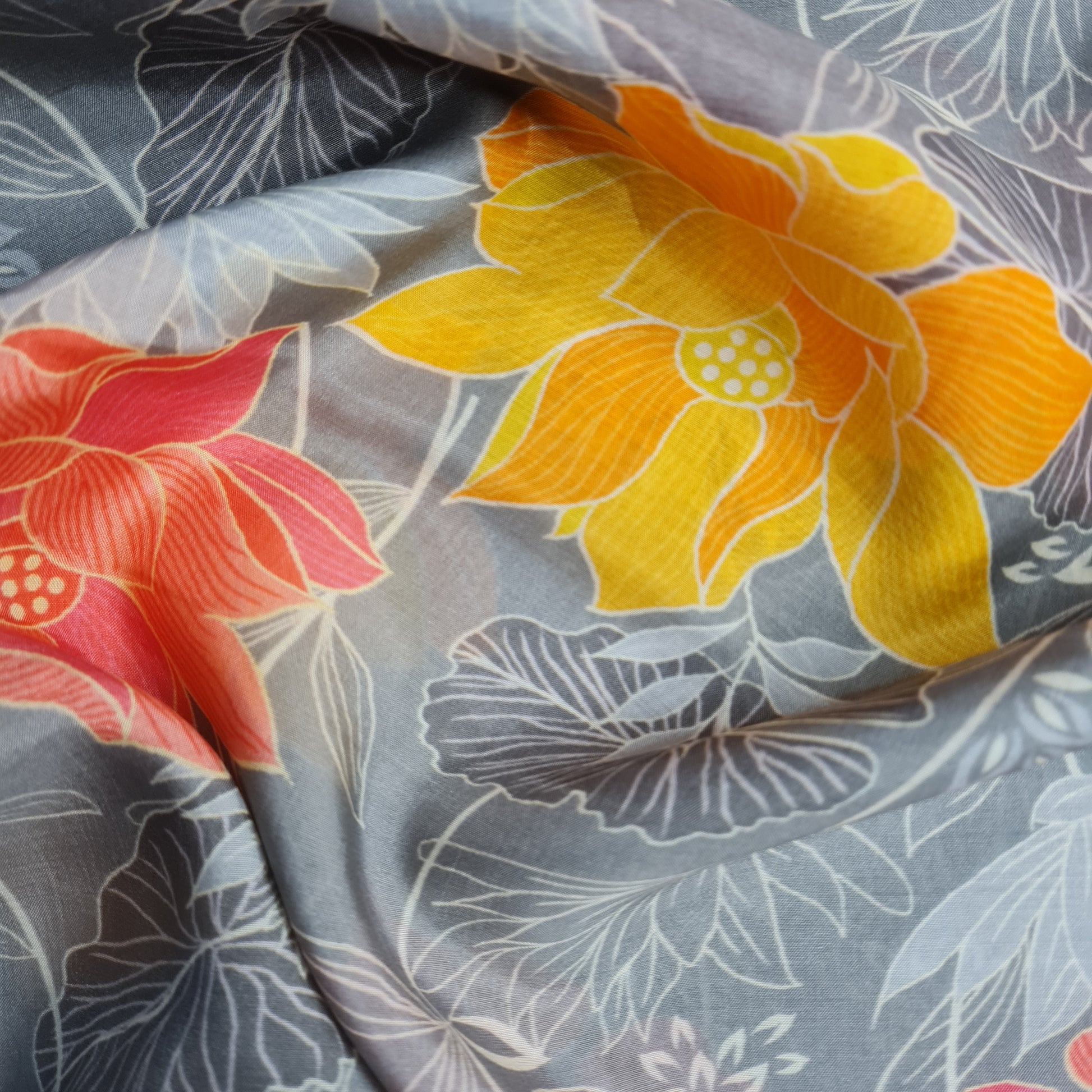 Premium Grey Tropical Print Cotton Silk Fabric